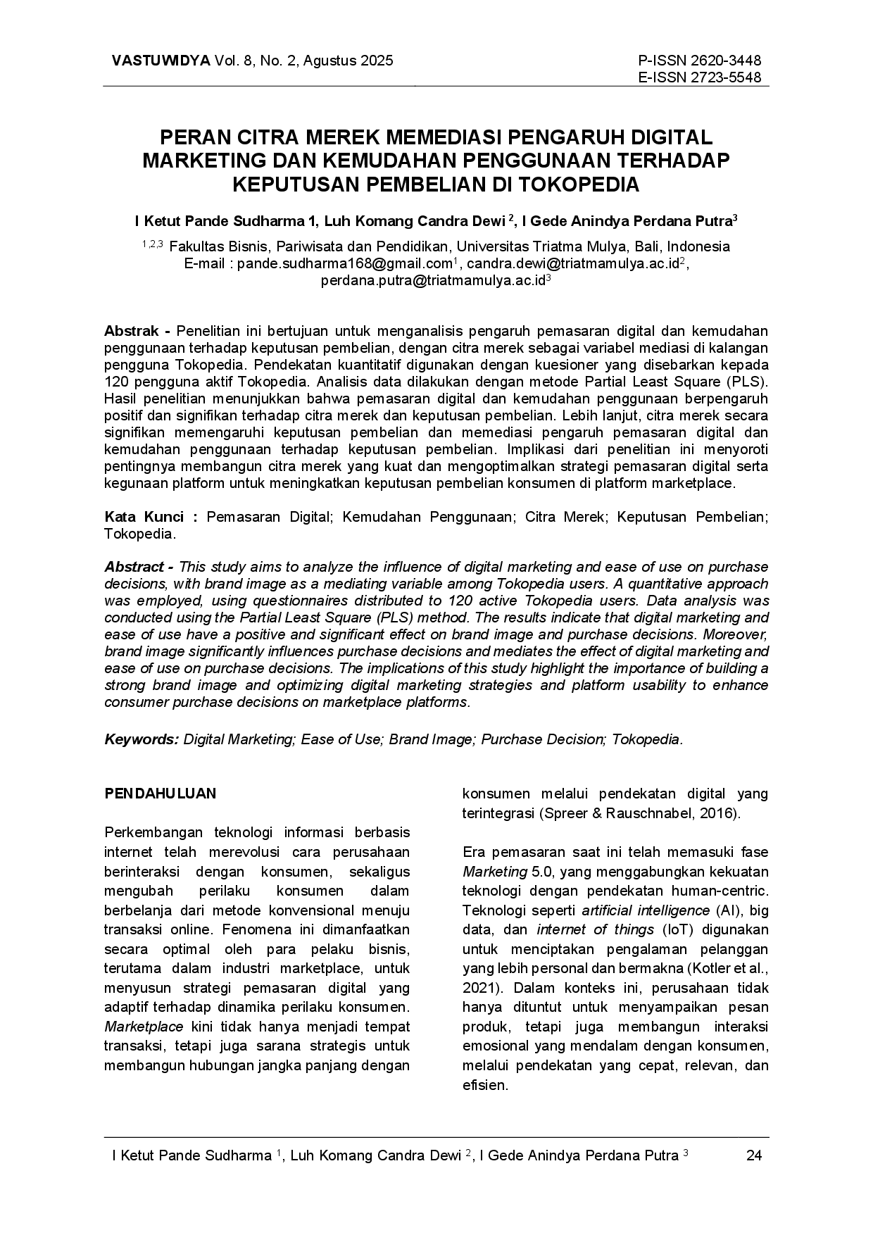 JURIS Peran Citra Merek Memediasi Pengaruh Digital Marketing Dan Kemudahan Penggunaan Terhadap Keputusan Pembelian Di Tokopedia
