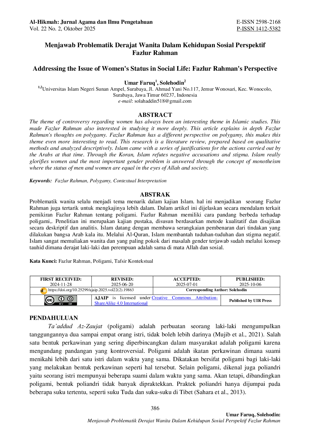JURIS Menjawab Problematik Derajat Wanita Dalam Kehidupan Sosial Perspektif Fazlur Rahman