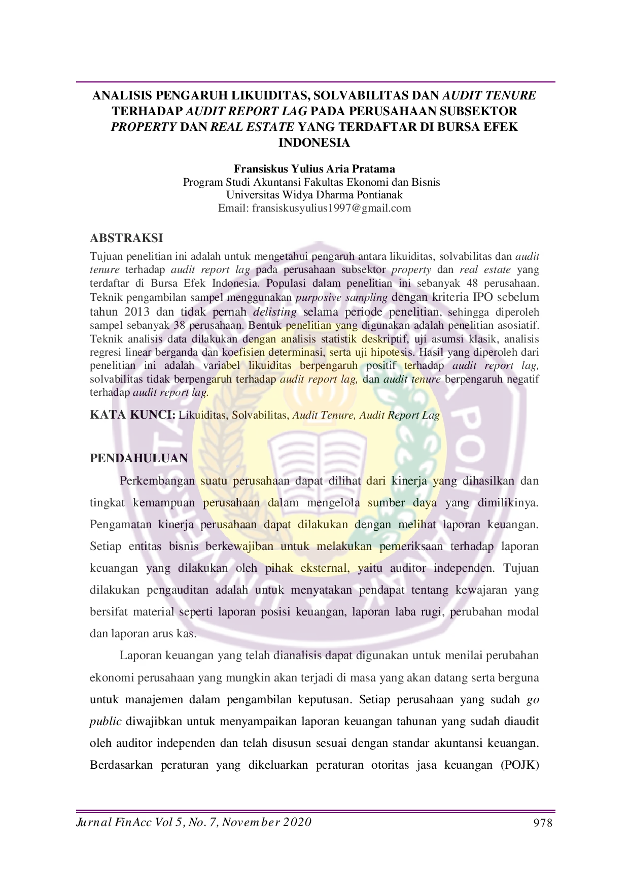 JURIS Analisis Pengaruh Likuiditas Solvabilitas Dan Audit Tenure Terhadap Audit Report Lag Pada Perusahaan Subsektor Property Dan Real Estate Yang Terdaftar Di Bursa Efek Indonesia