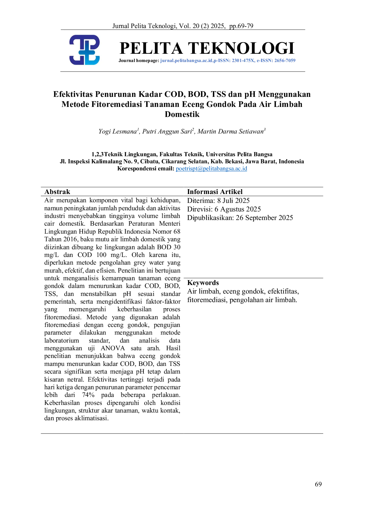 JURIS Efektivitas Penurunan Kadar COD BOD TSS dan pH Menggunakan Metode Fitoremediasi Tanaman Eceng Gondok Pada Air Limbah Domestik