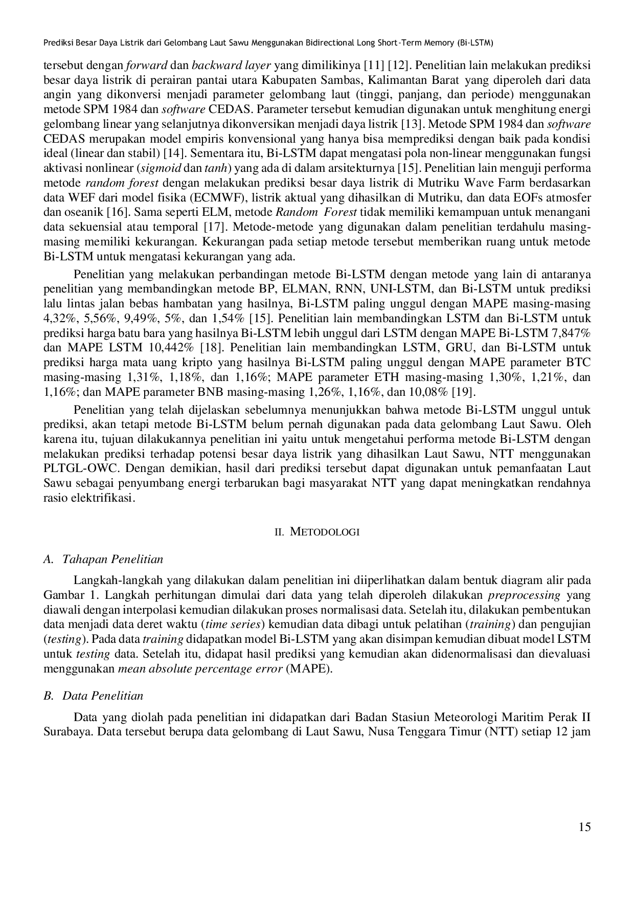 JURIS Prediction of Electricity Generation from Sawu Sea Waves Using Bidirectional Long Short Term Memory Bi LSTM