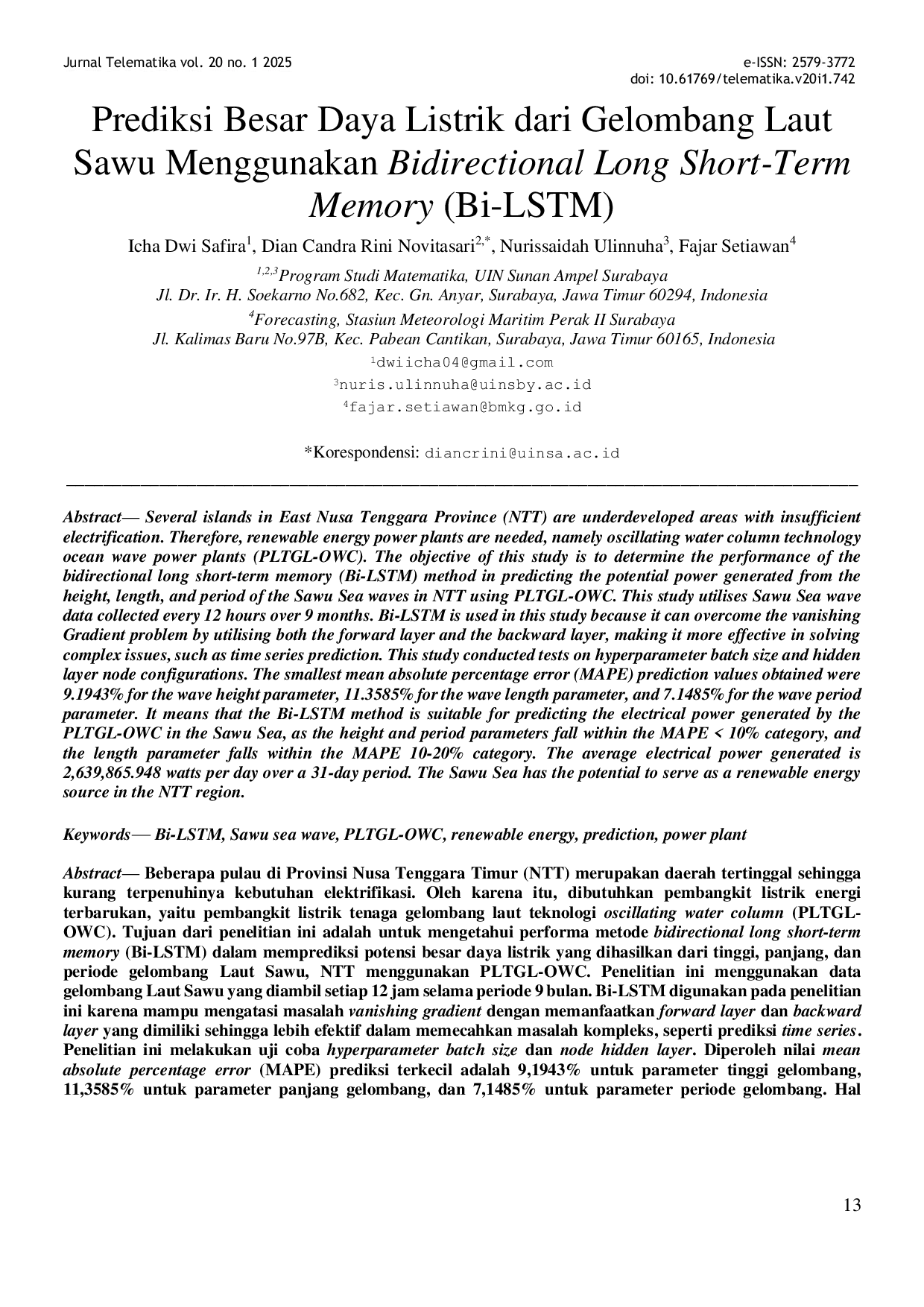 JURIS Prediction of Electricity Generation from Sawu Sea Waves Using Bidirectional Long Short Term Memory Bi LSTM