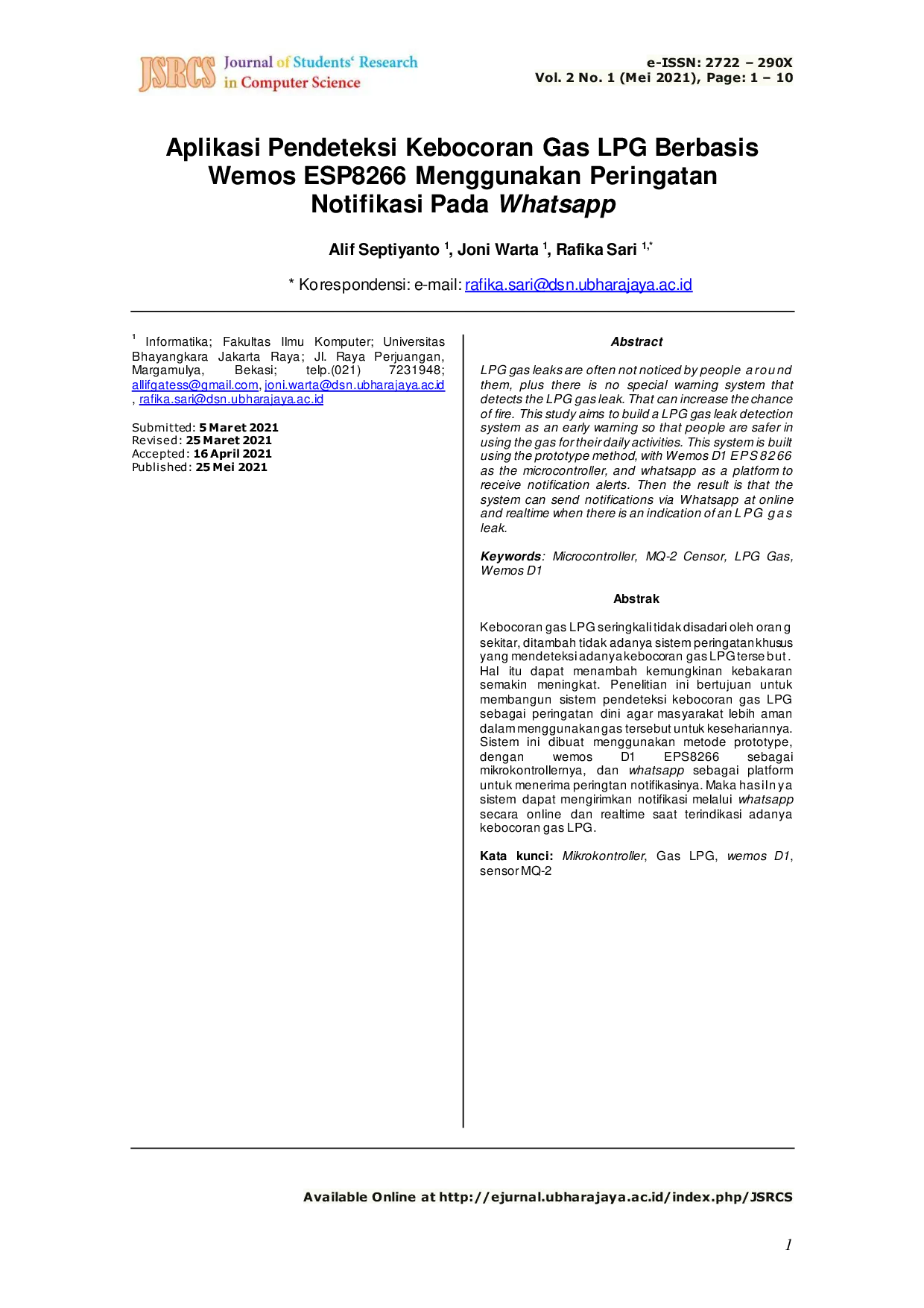 JURIS Aplikasi Pendeteksi Kebocoran Gas LPG Berbasis Wemos ESP8266 Menggunakan Peringatan Notifikasi Pada Whatsapp