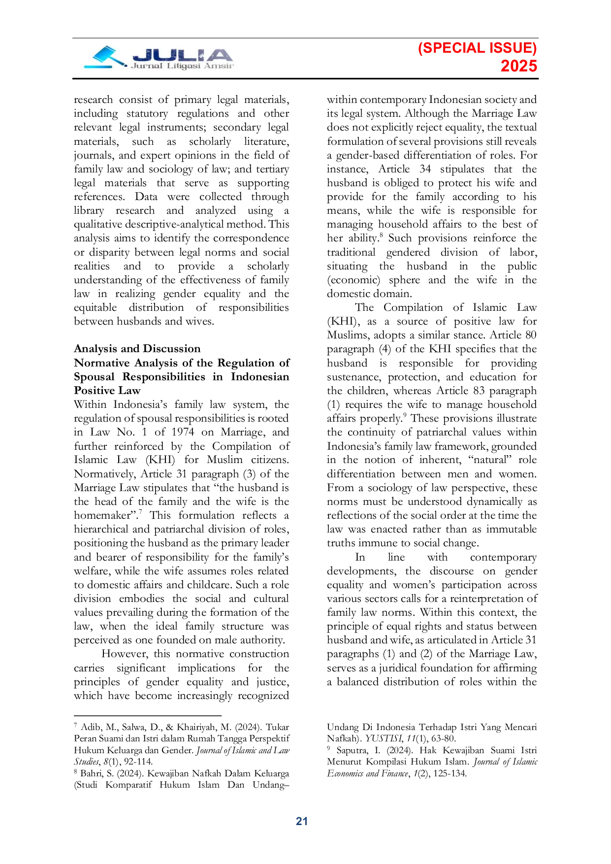 JURIS The Transformation of Gender Roles within the Family A Socio Legal Study on the Responsibilities of Husbands and Wives