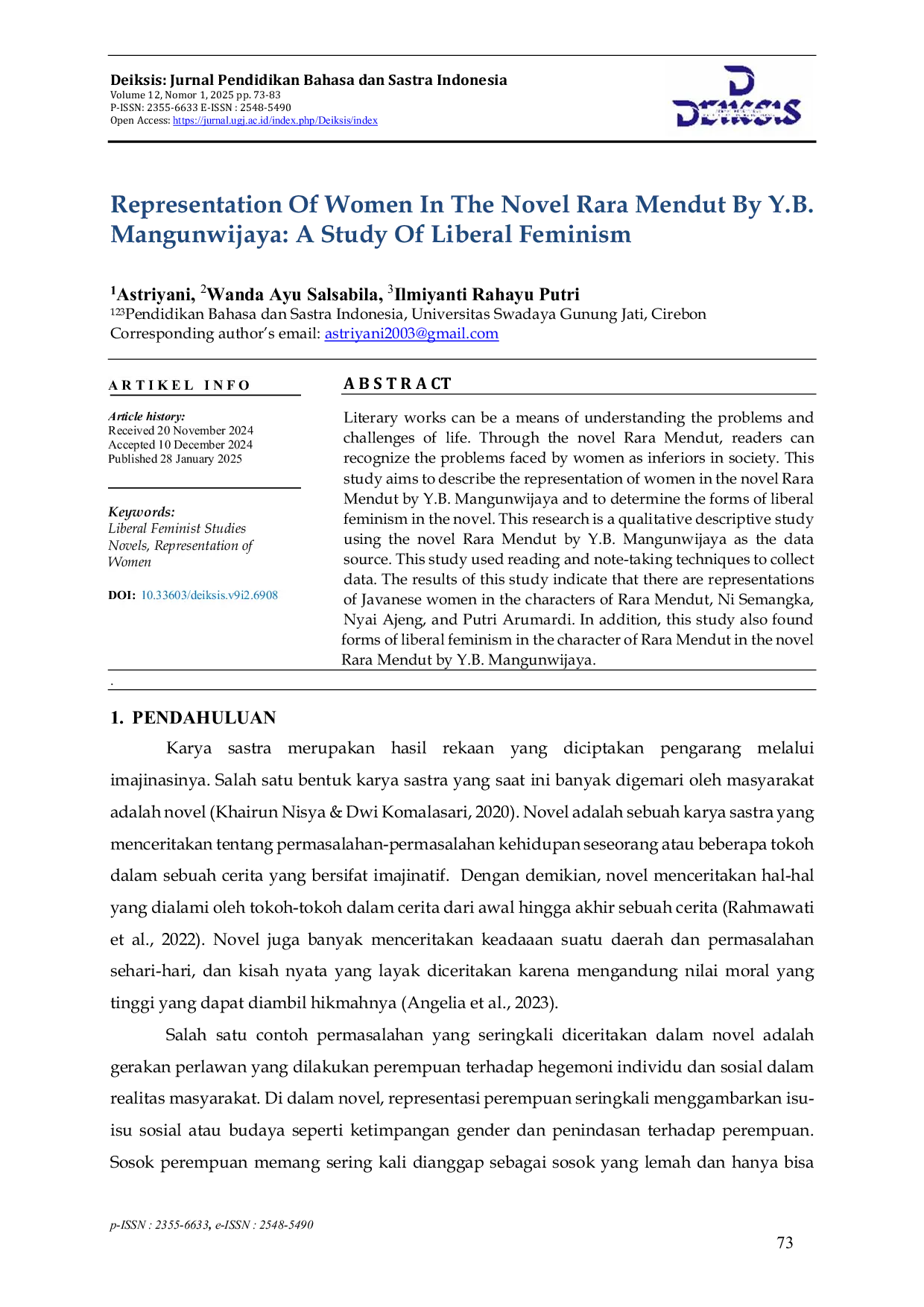 JURIS Representation Of Women In The Novel Rara Mendut By Y B Mangunwijaya A Study Of Liberal Feminism