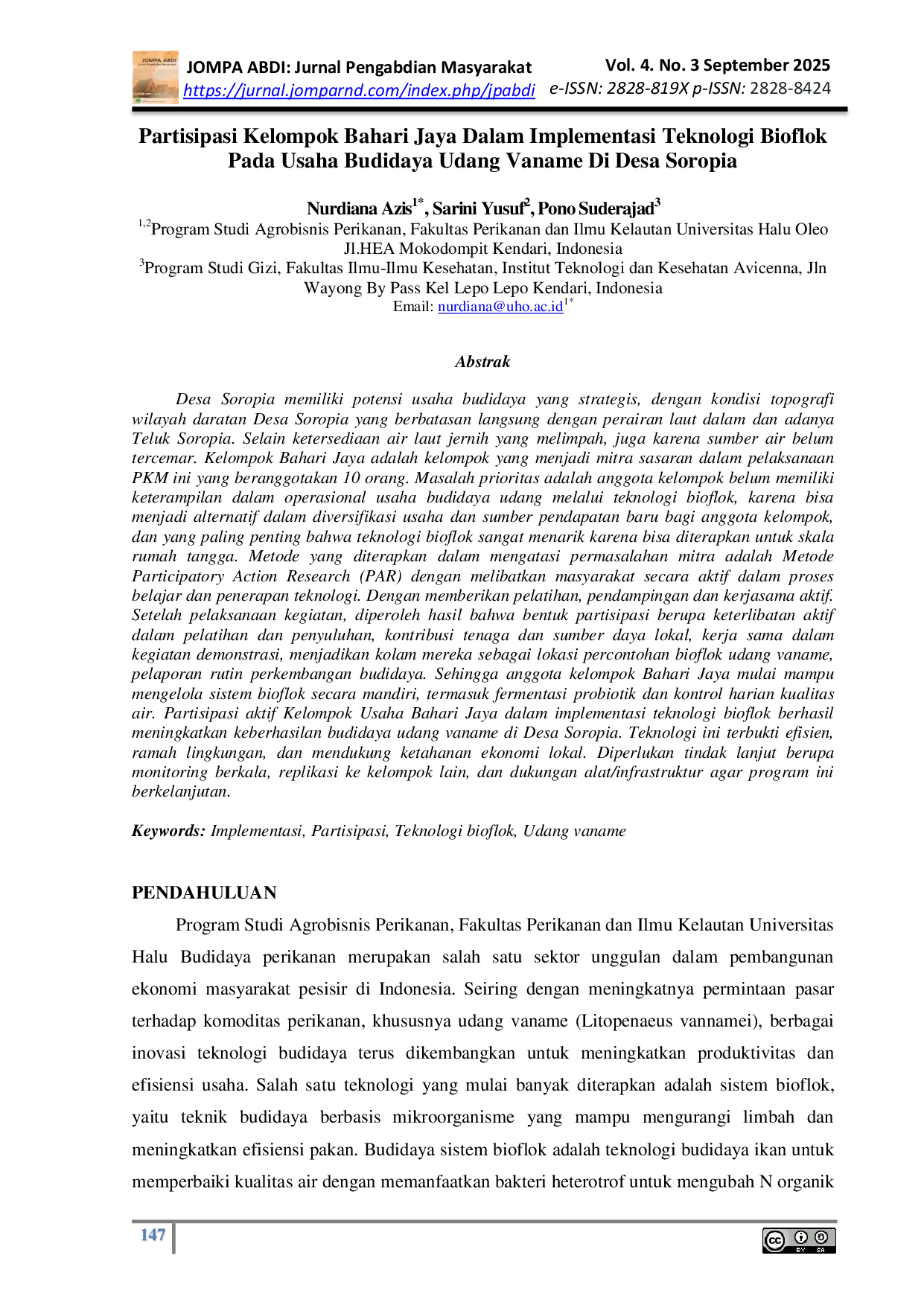 JURIS Partisipasi Kelompok Bahari Jaya Dalam Implementasi Teknologi Bioflok Pada Usaha Budidaya Udang Vaname Di Desa Soropia