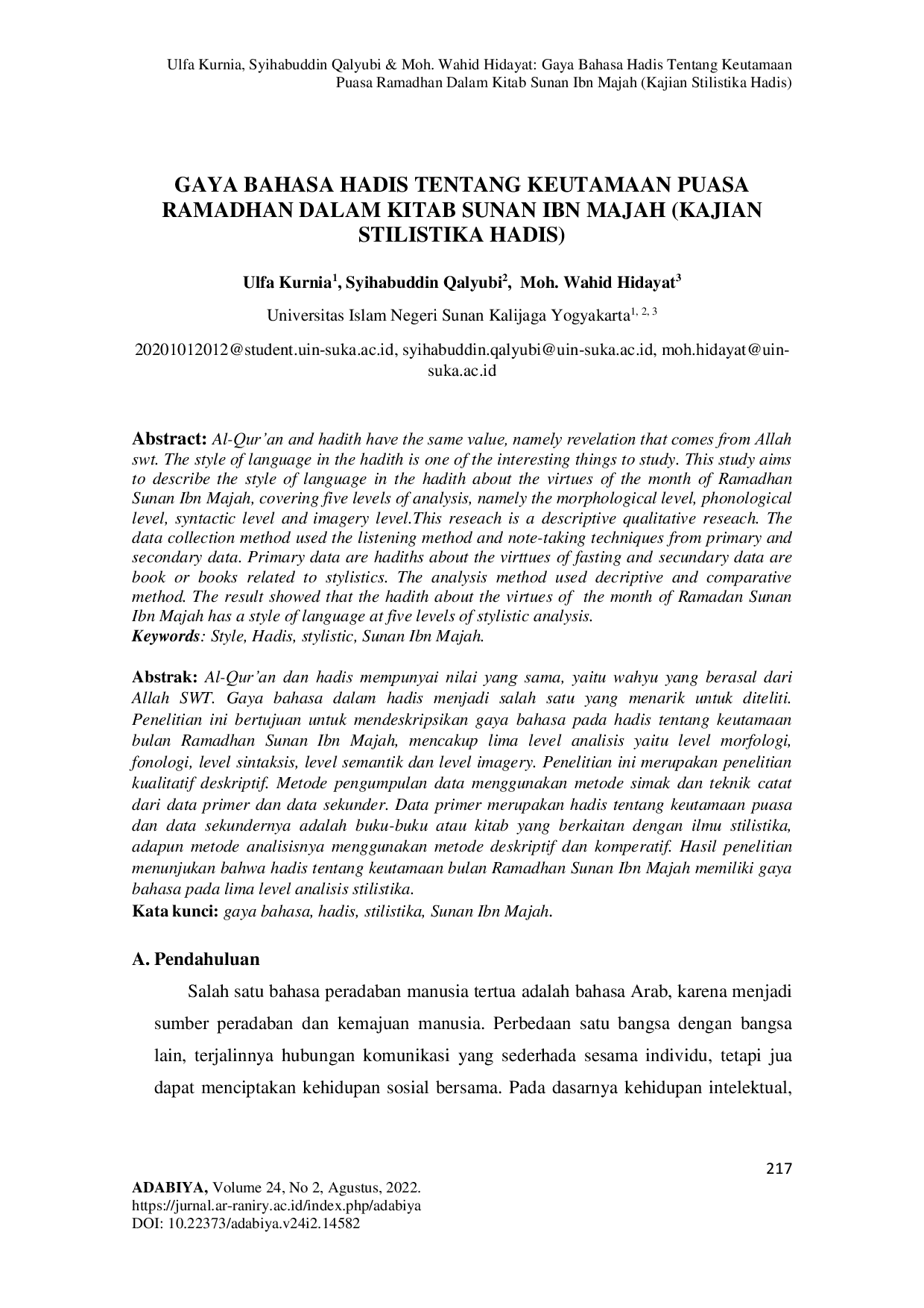 JURIS Gaya Bahasa Hadis Tentang Keutamaan Puasa Ramadhan Dalam Kitab Sunan Ibn Majah Kajian Stilistika Hadis
