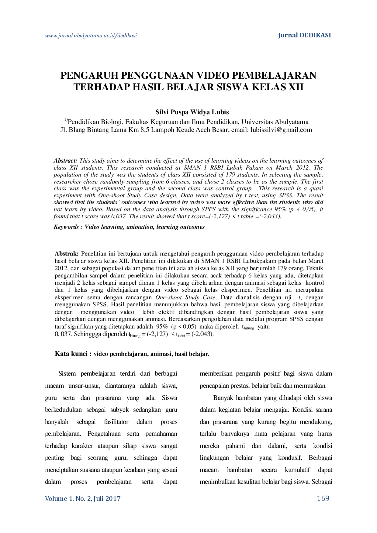 juris Pengaruh Penggunaan Video Pembelajaran Terhadap Hasil Belajar Siswa Kelas XII