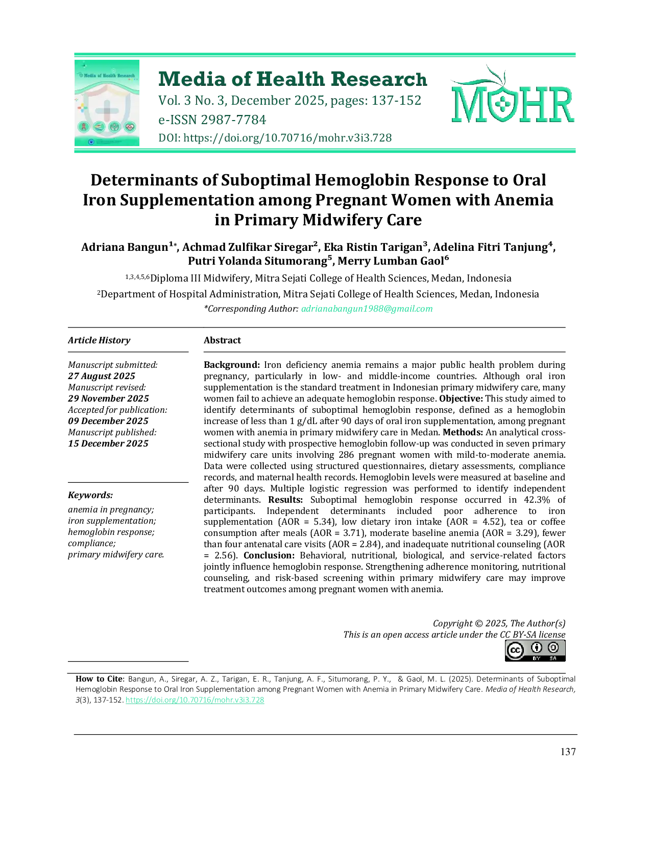 JURIS Determinants of Suboptimal Hemoglobin Response to Oral Iron Supplementation among Pregnant Women with Anemia in Primary Midwifery Care