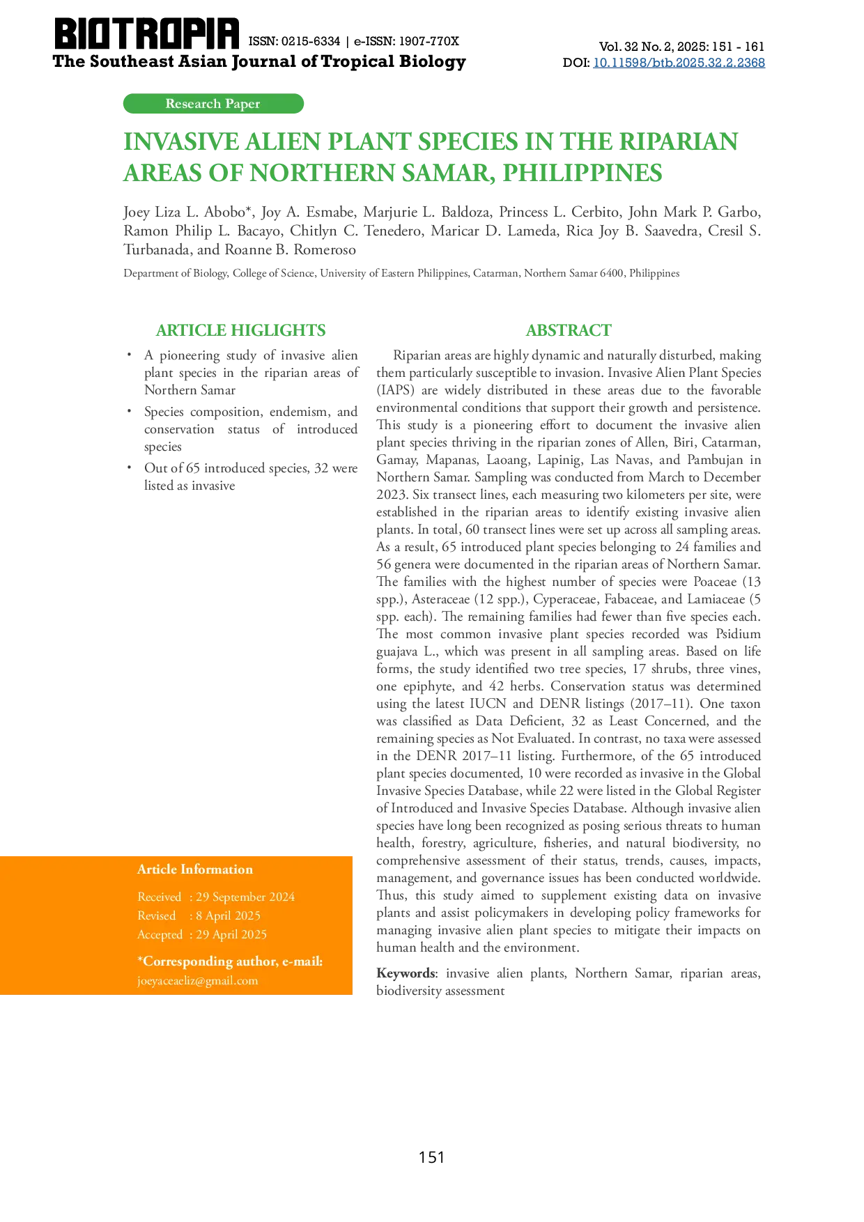 JURIS Invasive Alien Plant Species in the Riparian Areas of Northern Samar Philippines