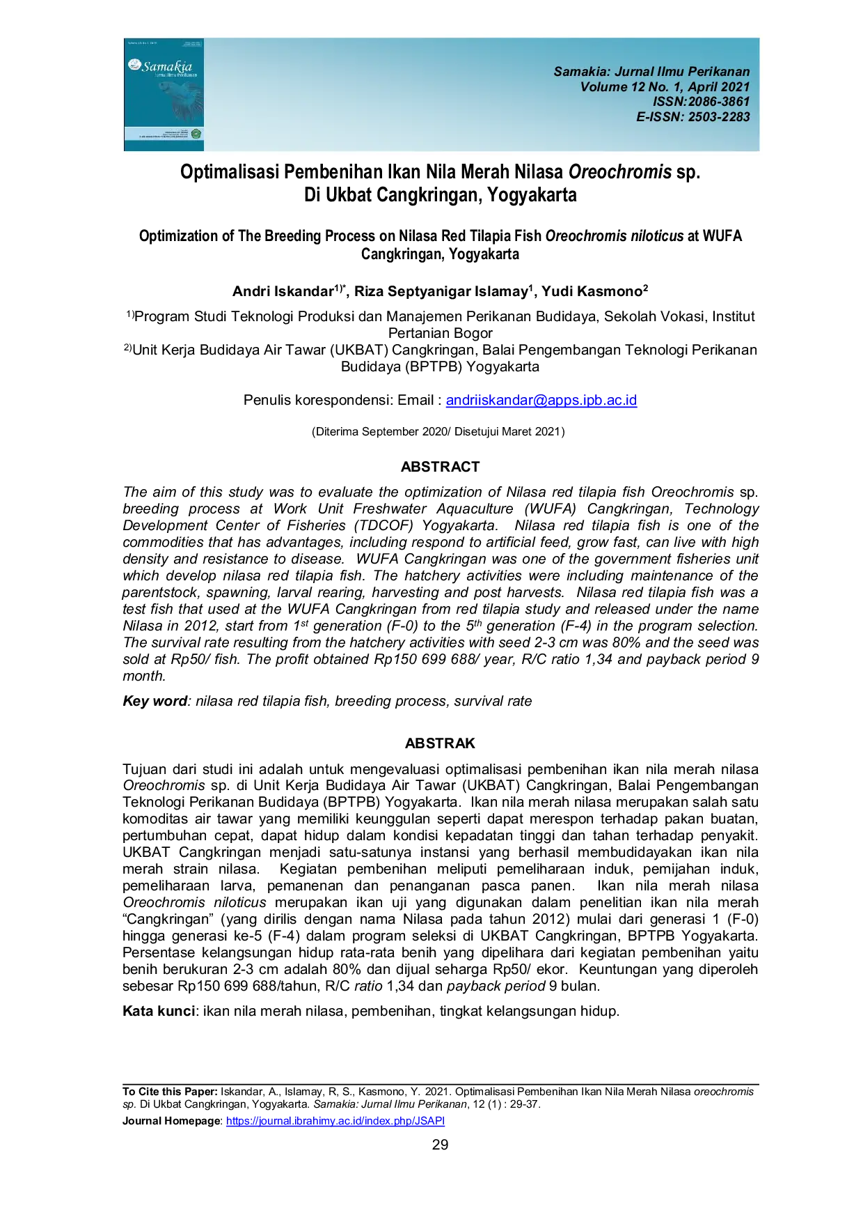 JURIS Optimalisasi Pembenihan Ikan Nila Merah Nilasa Oreochromis sp Di Ukbat Cangkringan Yogyakarta