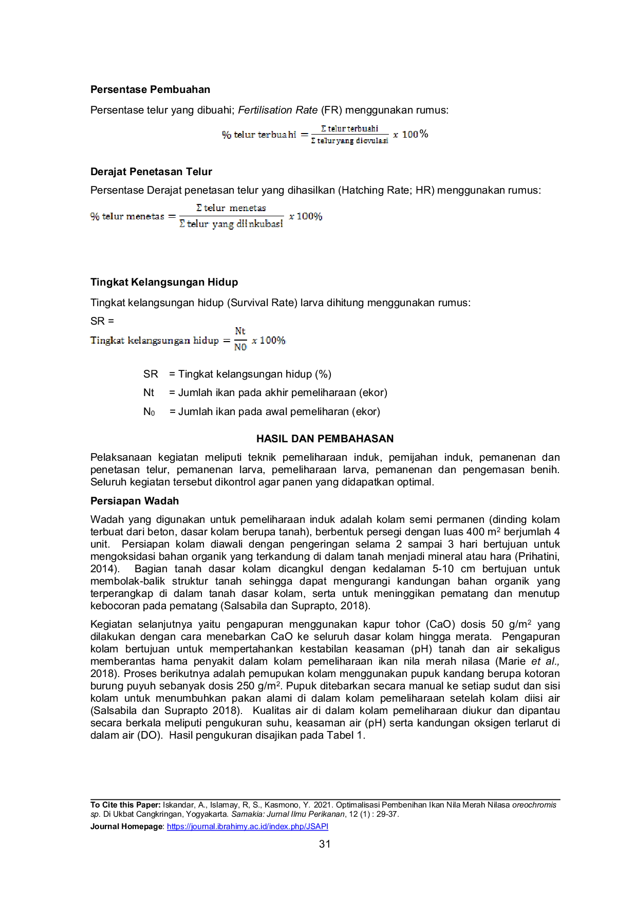 JURIS Optimalisasi Pembenihan Ikan Nila Merah Nilasa Oreochromis sp Di Ukbat Cangkringan Yogyakarta