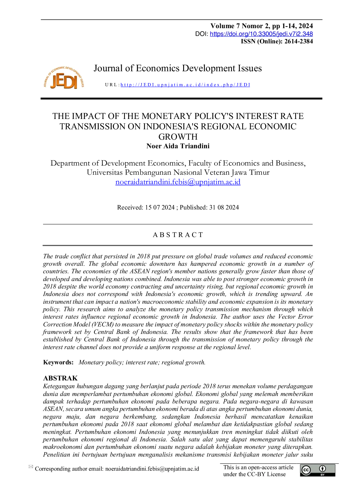 JURIS The Impact Of The Monetary Policy s Interest Rate Transmission On Indonesia s Regional Economic Growth