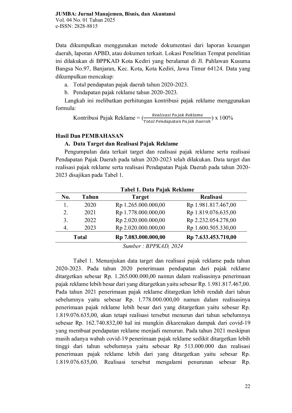 JURIS Analisis Kontribusi Pajak Reklame Terhadap Pendapatan Pajak Daerah di Kota Kediri Tahun 2020 2023