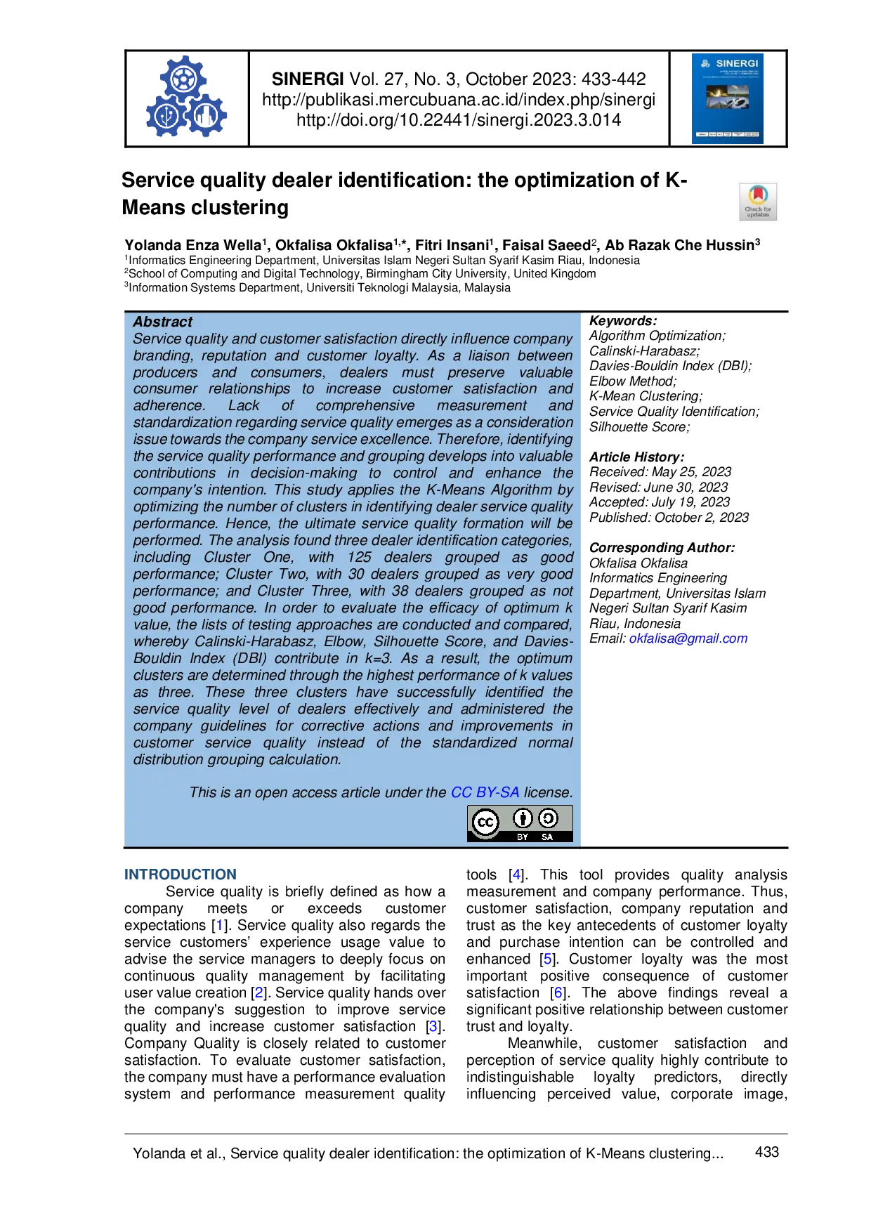 JURIS Service quality dealer identification the optimization of K Means clustering