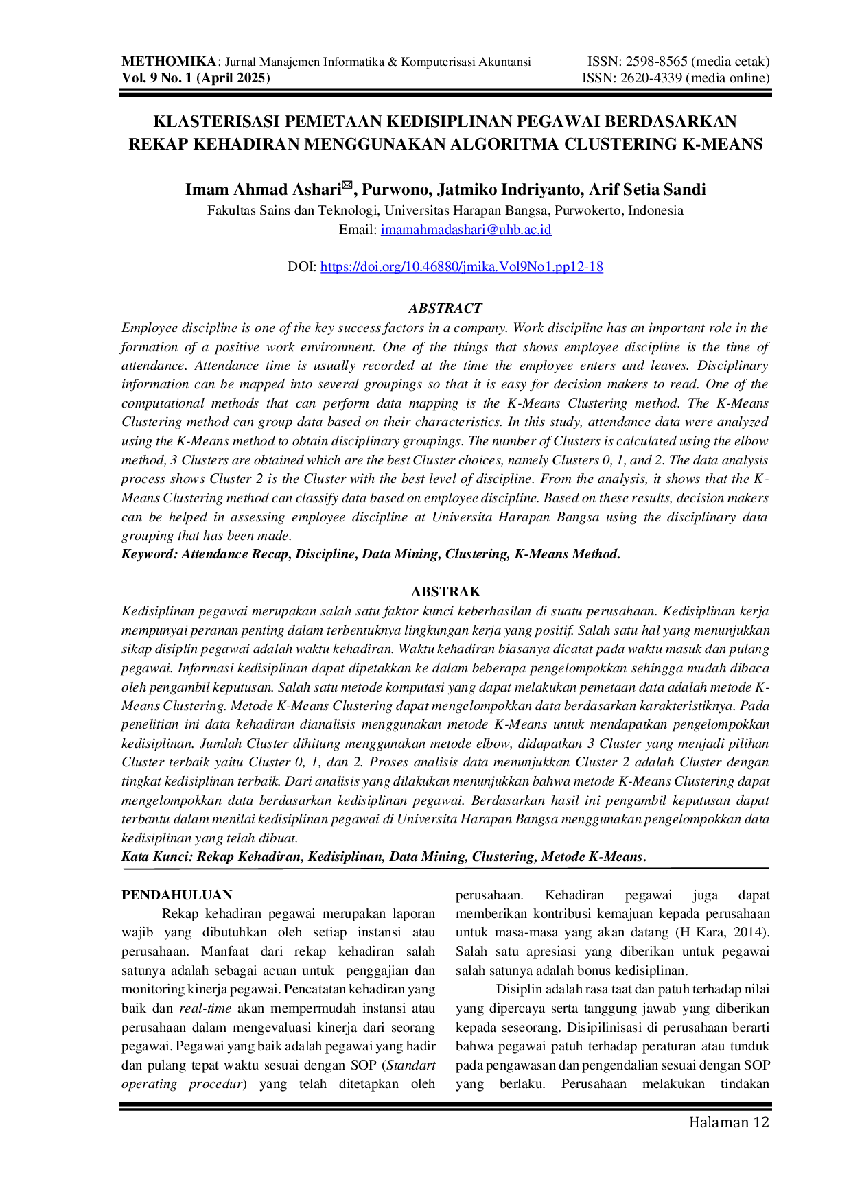 JURIS Klasterisasi Pemetaan Kedisiplinan Pegawai Berdasarkan Rekap Kehadiran menggunakan Algoritma Clustering K Means