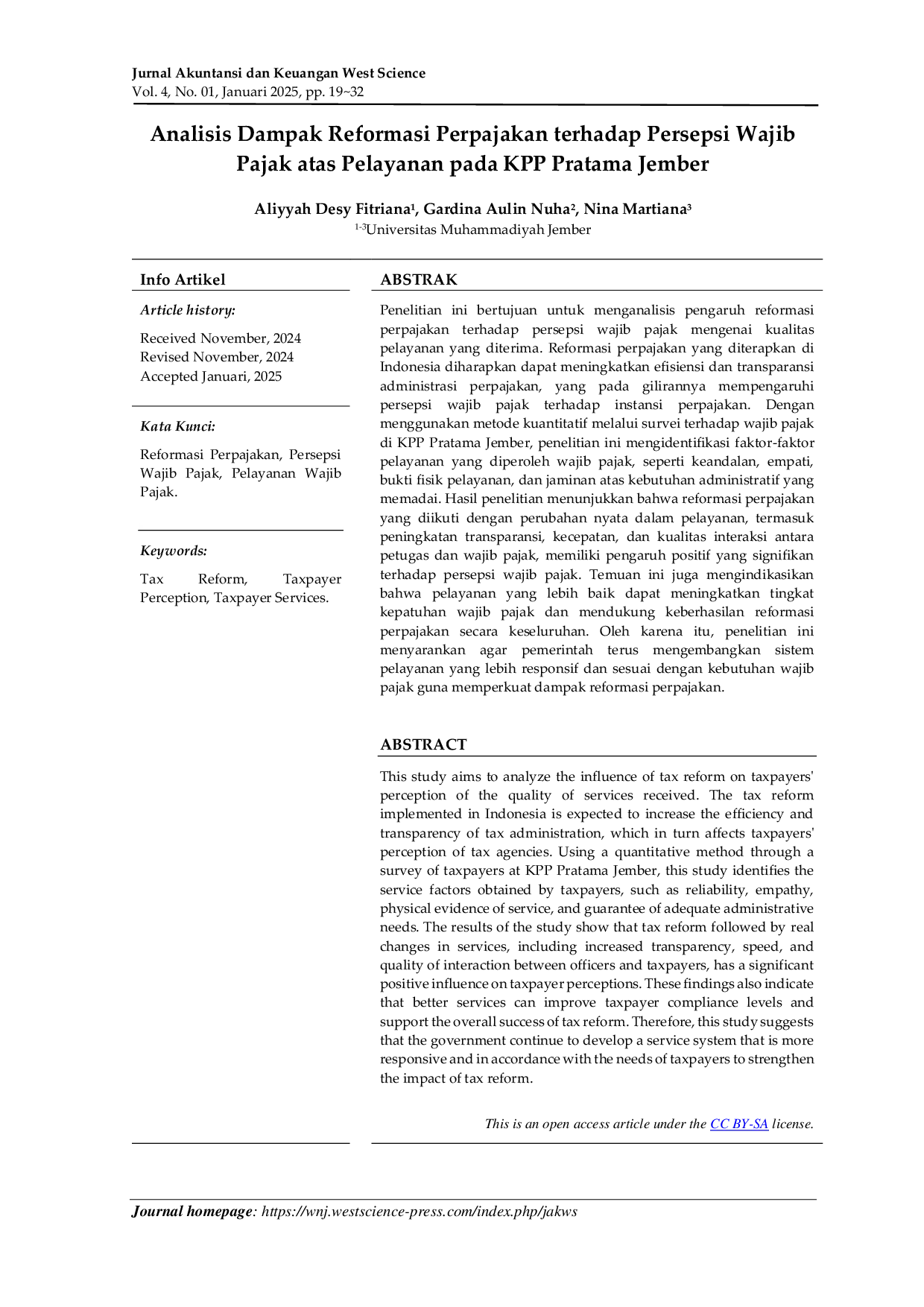 JURIS Analisis Dampak Reformasi Perpajakan terhadap Persepsi Wajib Pajak atas Pelayanan pada KPP Pratama Jember