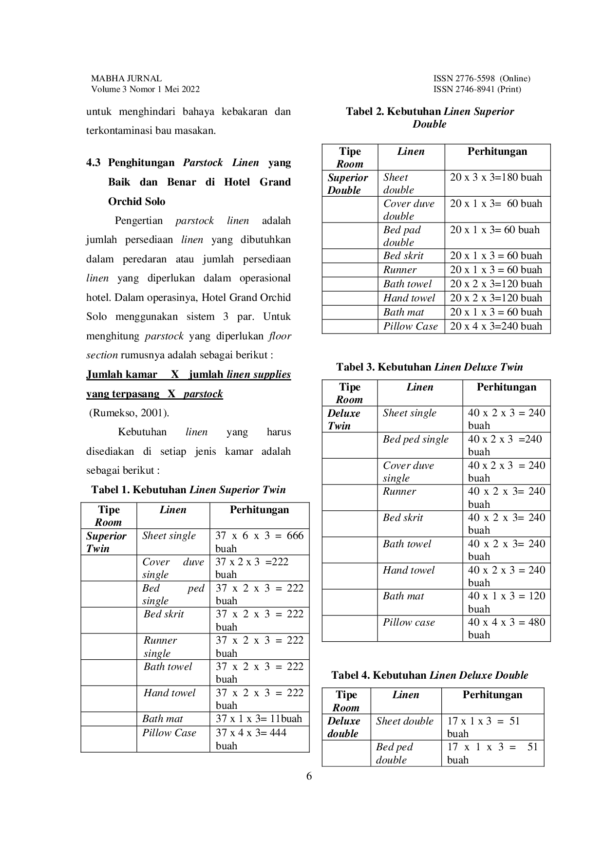 JURIS Kinerja Linen Attendant dalam Penanganan Parstock di Hotel Grand Orchid Solo