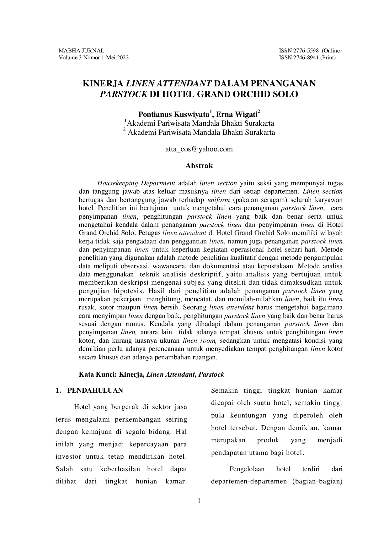 JURIS Kinerja Linen Attendant dalam Penanganan Parstock di Hotel Grand Orchid Solo