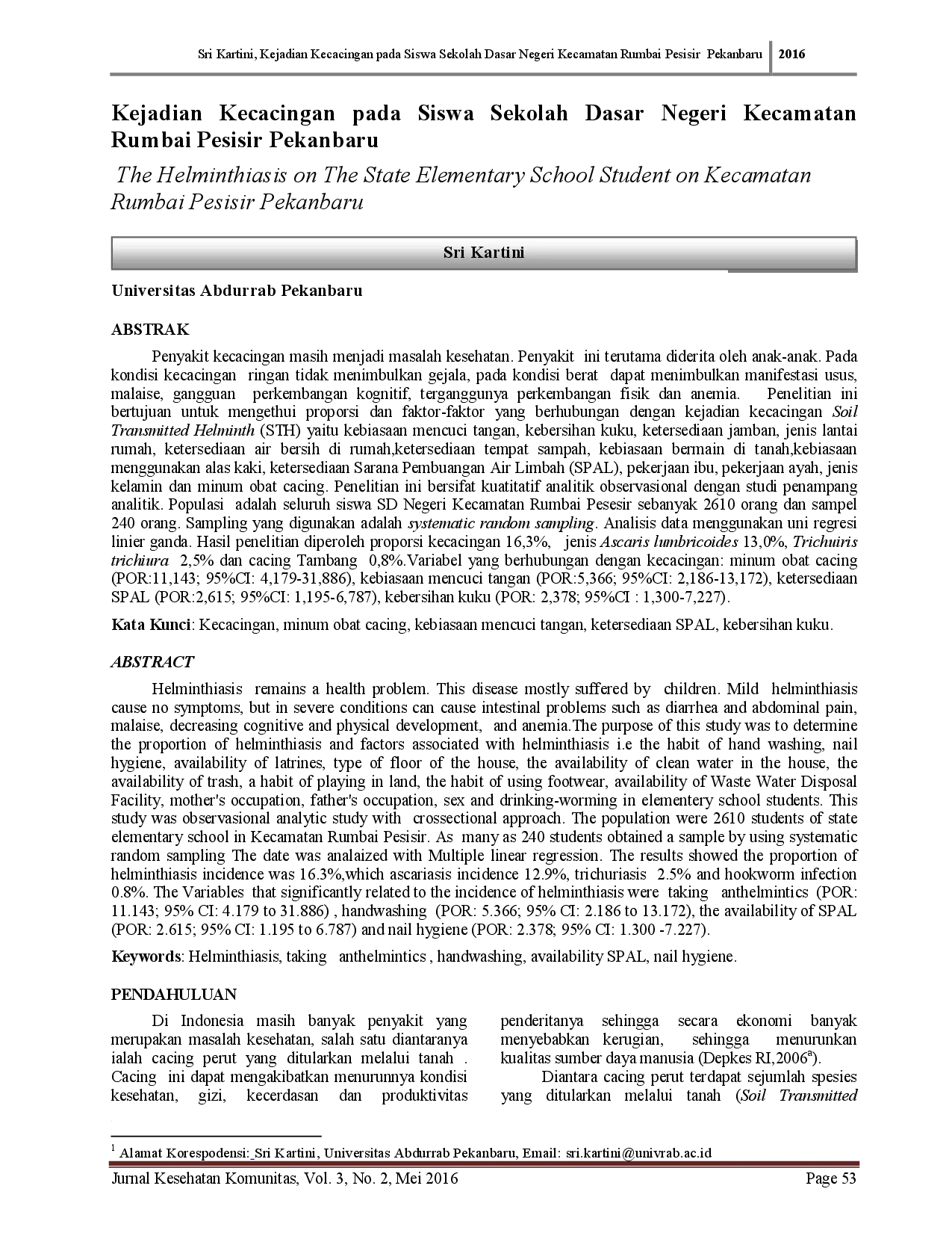 juris Kejadian Kecacingan Pada Siswa Sekolah Dasar Negeri Kecamatan Rumbai Pesisir Pekanbaru