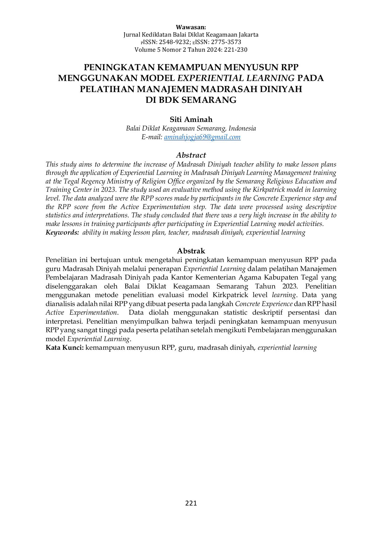 JURIS PENINGKATAN KEMAMPUAN MENYUSUN RPP MENGGUNAKAN MODEL EXPERIENTIAL LEARNING PADA PELATIHAN MANAJEMEN MADRASAH DINIYAH DI BDK SEMARANG