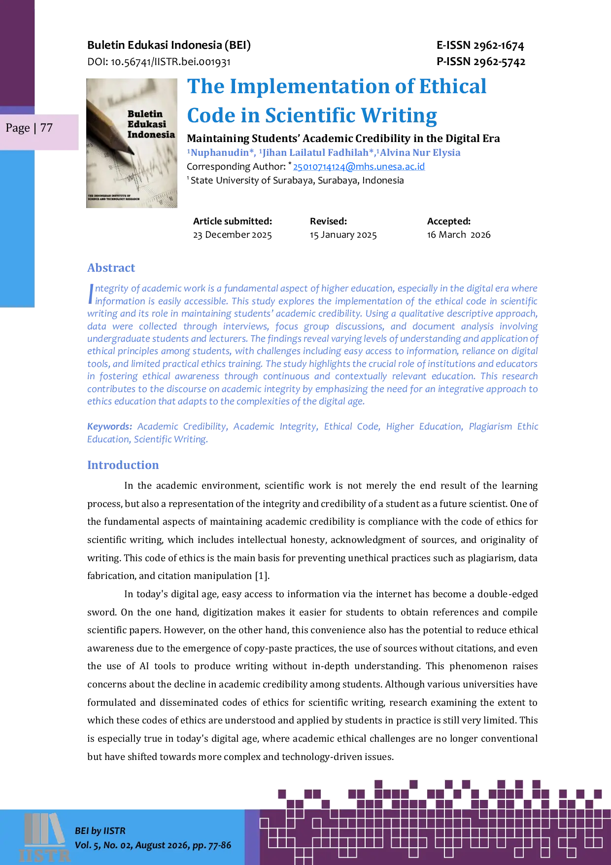 JURIS The Implementation Of Ethical Code In Scientific Writing Maintaining Students Academic Credibility In The Digital Era