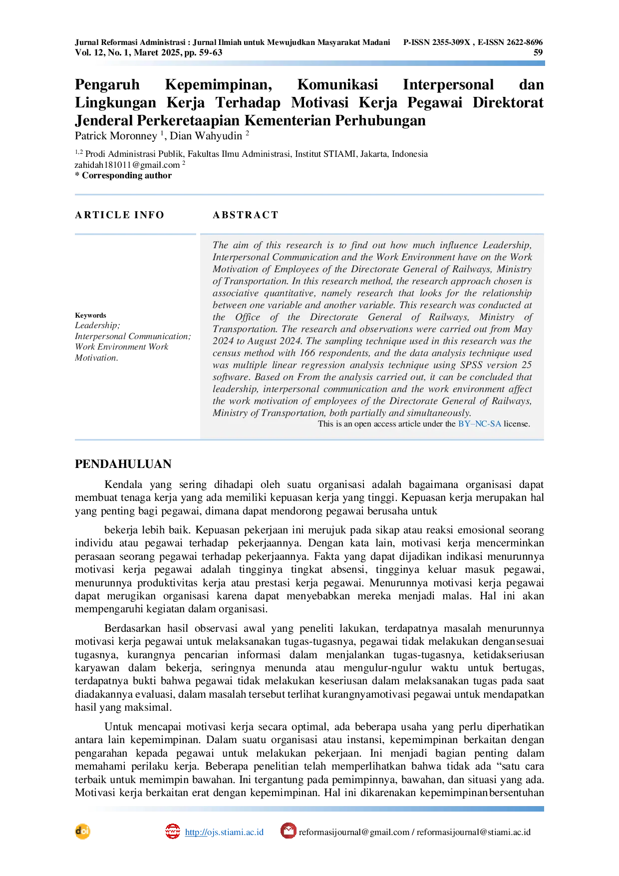 JURIS Pengaruh Kepemimpinan Komunikasi Interpersonal dan Lingkungan Kerja Terhadap Motivasi Kerja Pegawai Direktorat Jenderal Perkeretaapian Kementerian Perhubungan