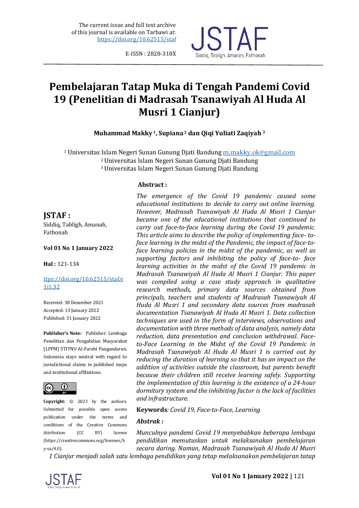 JURIS Pembelajaran Tatap Muka di Tengah Pandemi Covid 19 Penelitian di Madrasah Tsanawiyah Al Huda Al Musri 1 Cianjur