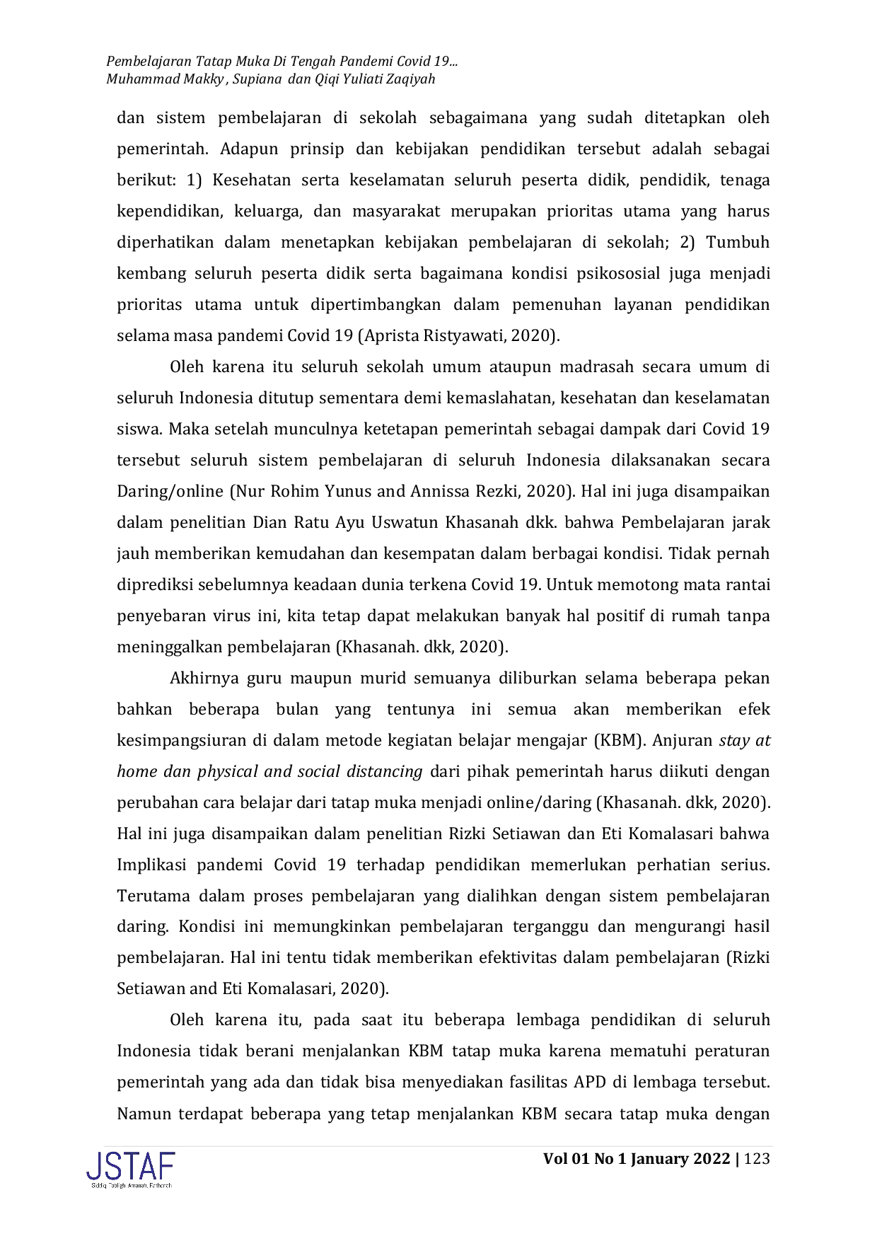 JURIS Pembelajaran Tatap Muka di Tengah Pandemi Covid 19 Penelitian di Madrasah Tsanawiyah Al Huda Al Musri 1 Cianjur