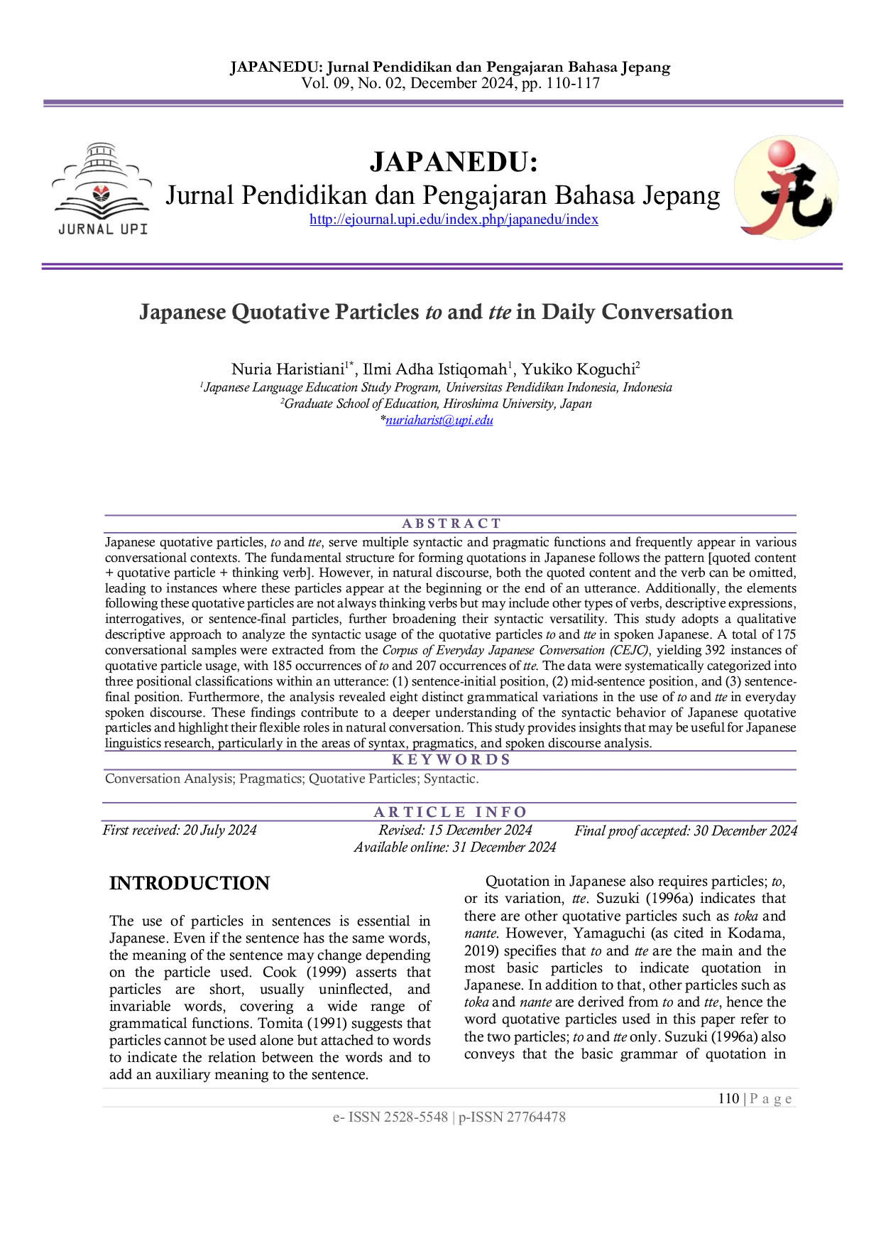 JURIS Japanese Quotative Particles to and tte in Daily Conversation