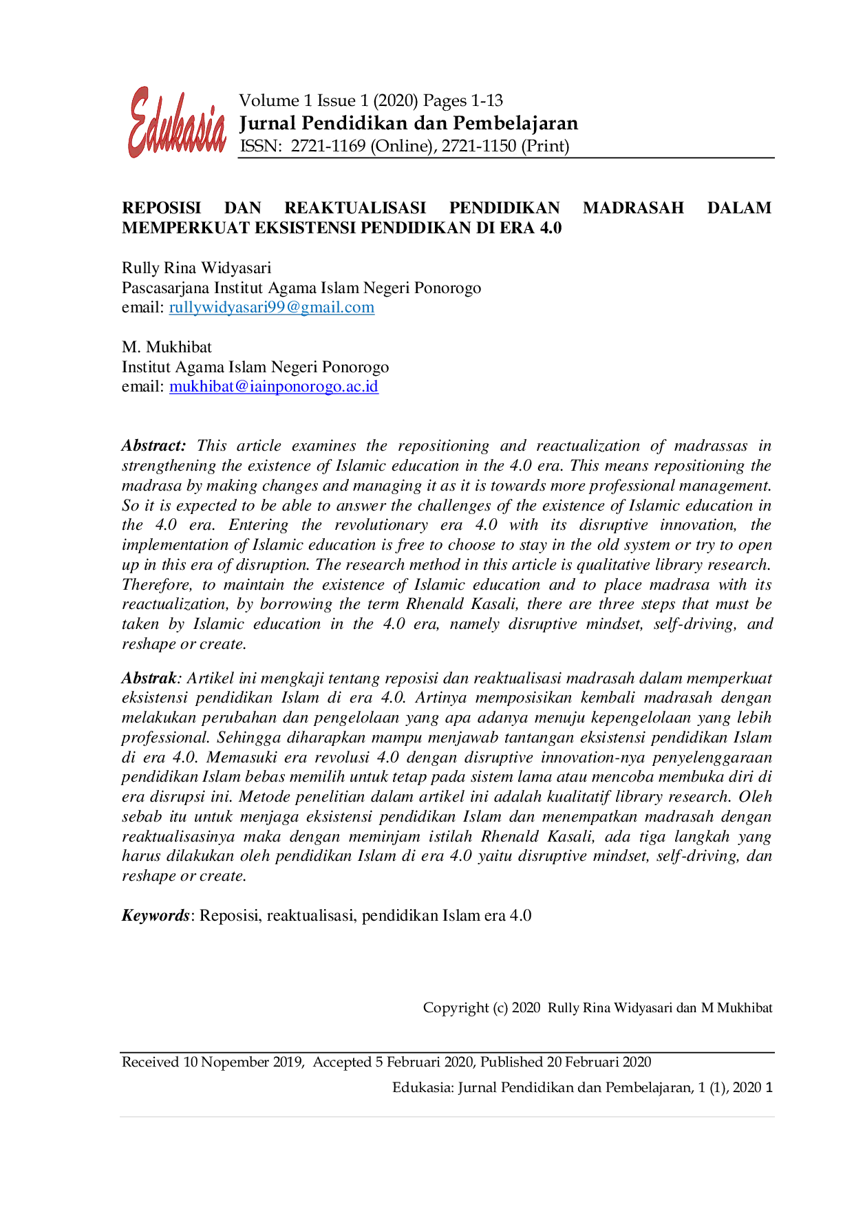 JURIS Reposisi dan Reaktualisasi Pendidikan Madrasah dalam Memperkuat Eksistensi Pendidikan di Era 4 0