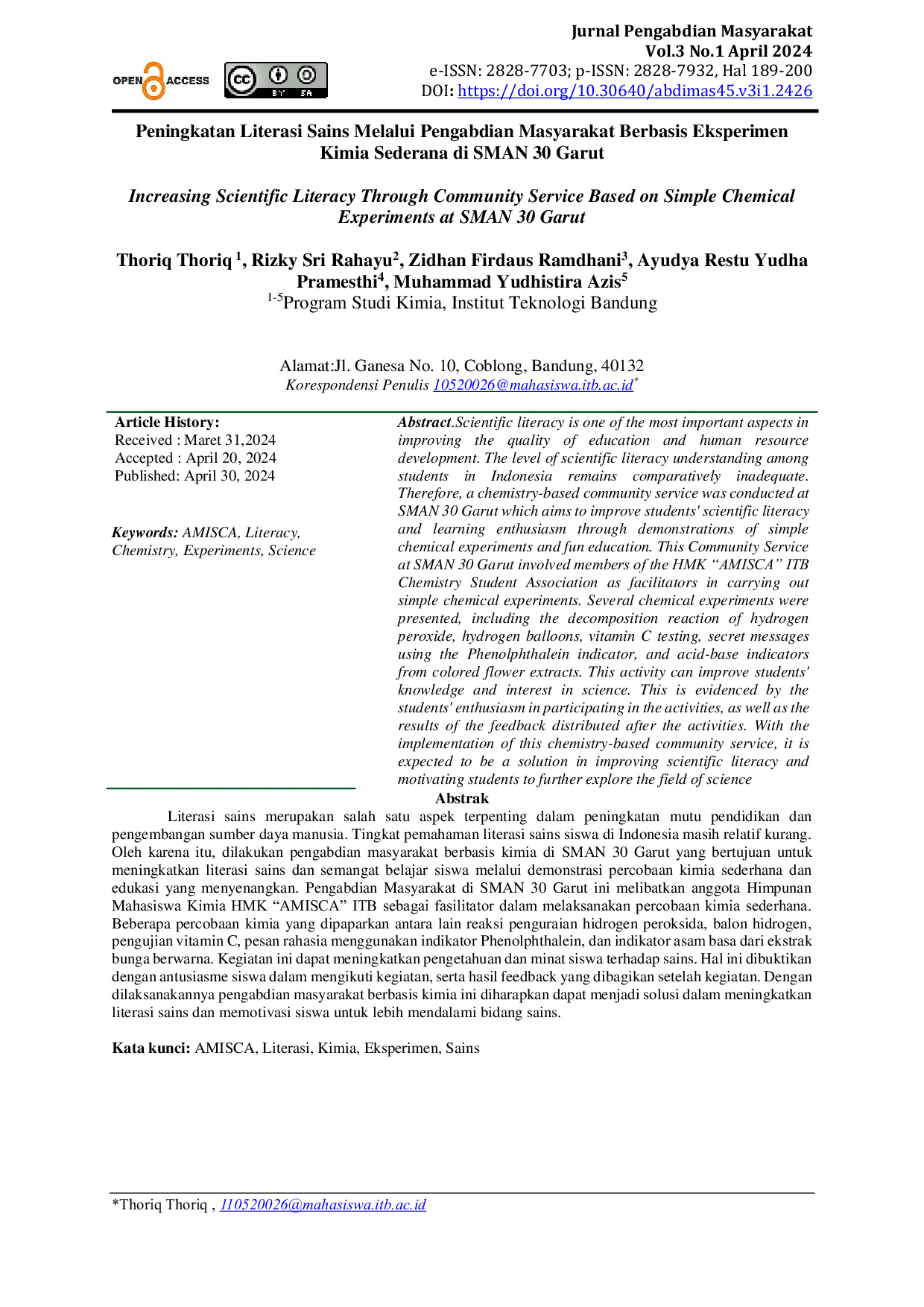 JURIS Peningkatan Literasi Sains Melalui Pengabdian Masyarakat Berbasis Eksperimen Kimia Sederana di SMAN 30 Garut