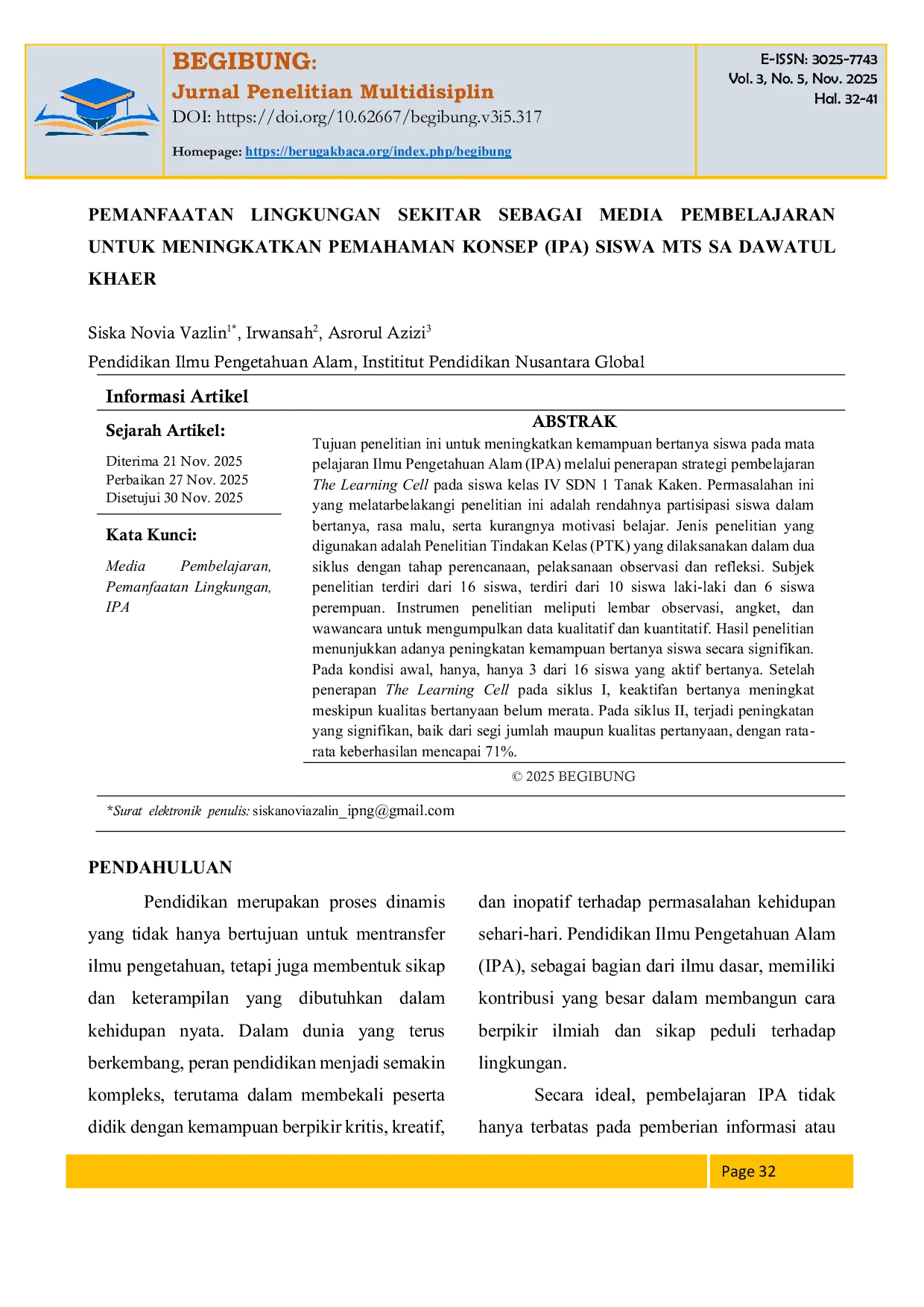 JURIS Pemanfaatan Lingkungan Sekitar Sebagai Media Pembelajaran untuk Meningkatkan Pemahaman Konsep IPA Siswa MTS SA Da watul Khaer