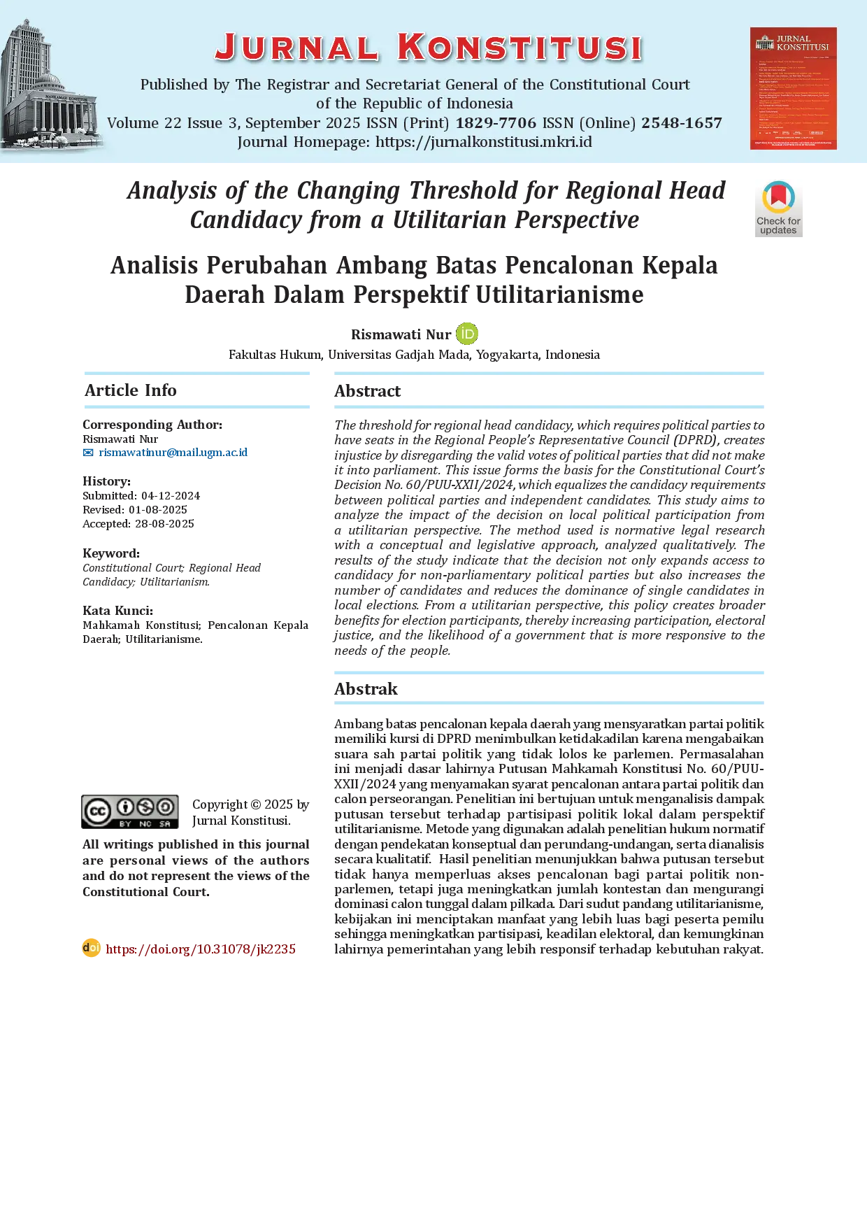 juris Analisis Perubahan Ambang Batas Pencalonan Kepala Daerah Dalam Perspektif Utilitarianisme Analysis of the Changing Threshold for Regional Head Candidacy from a Utilitarian Perspective