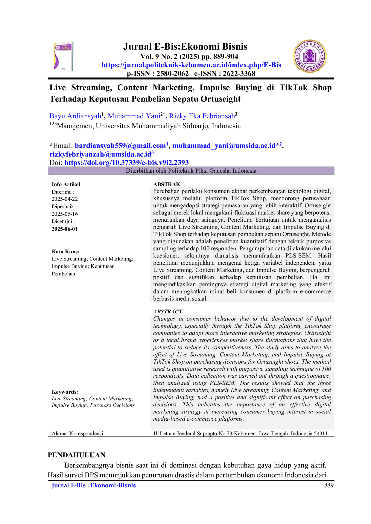 JURIS Live Streaming Content Marketing Impulse Buying Di Tiktok Shop Terhadap Keputusan Pembelian Sepatu Ortuseight