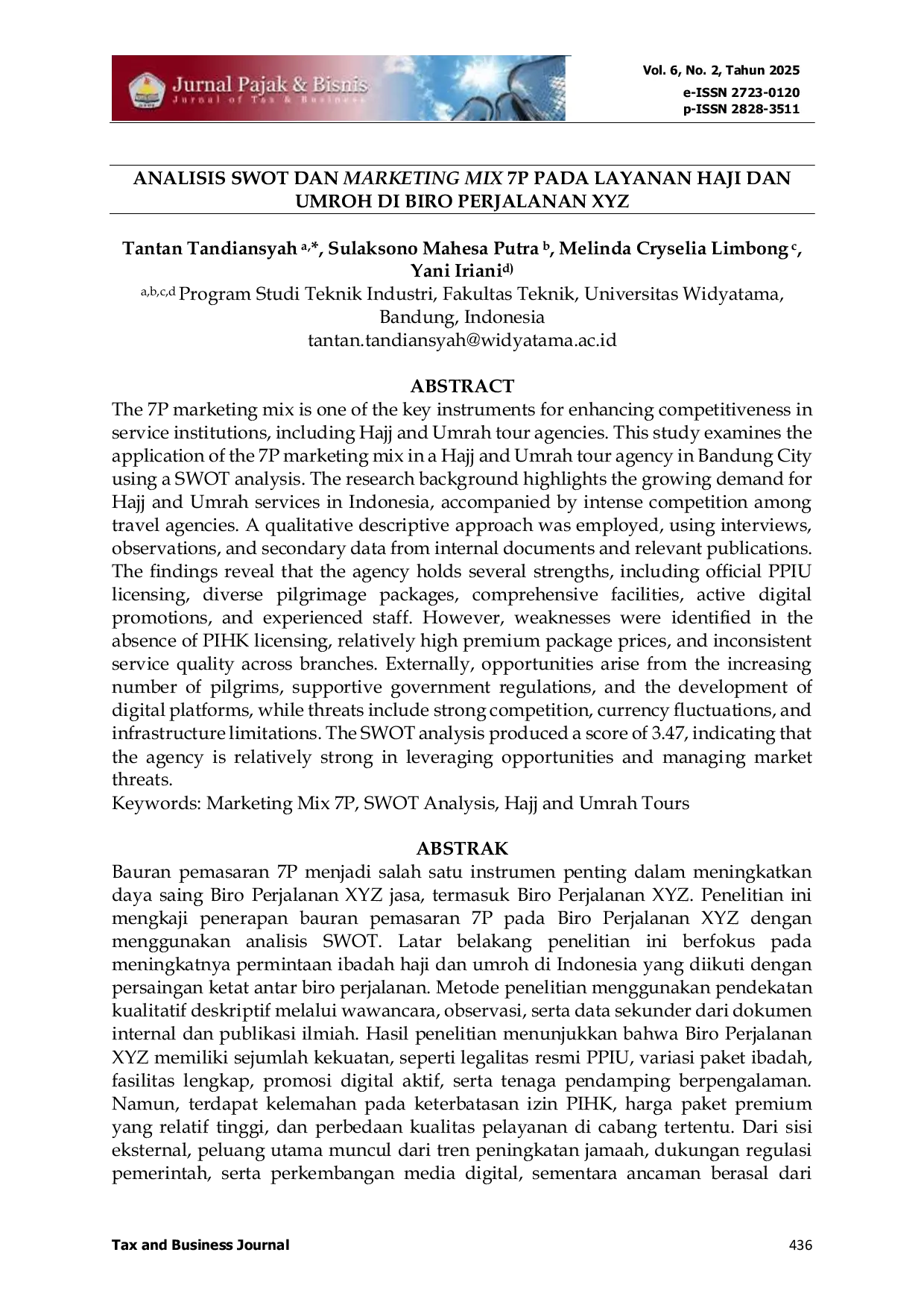 JURIS Analisis Swot dan Marketing Mix 7P Pada Layanan Haji Dan Umroh Di Biro Perjalanan XYZ