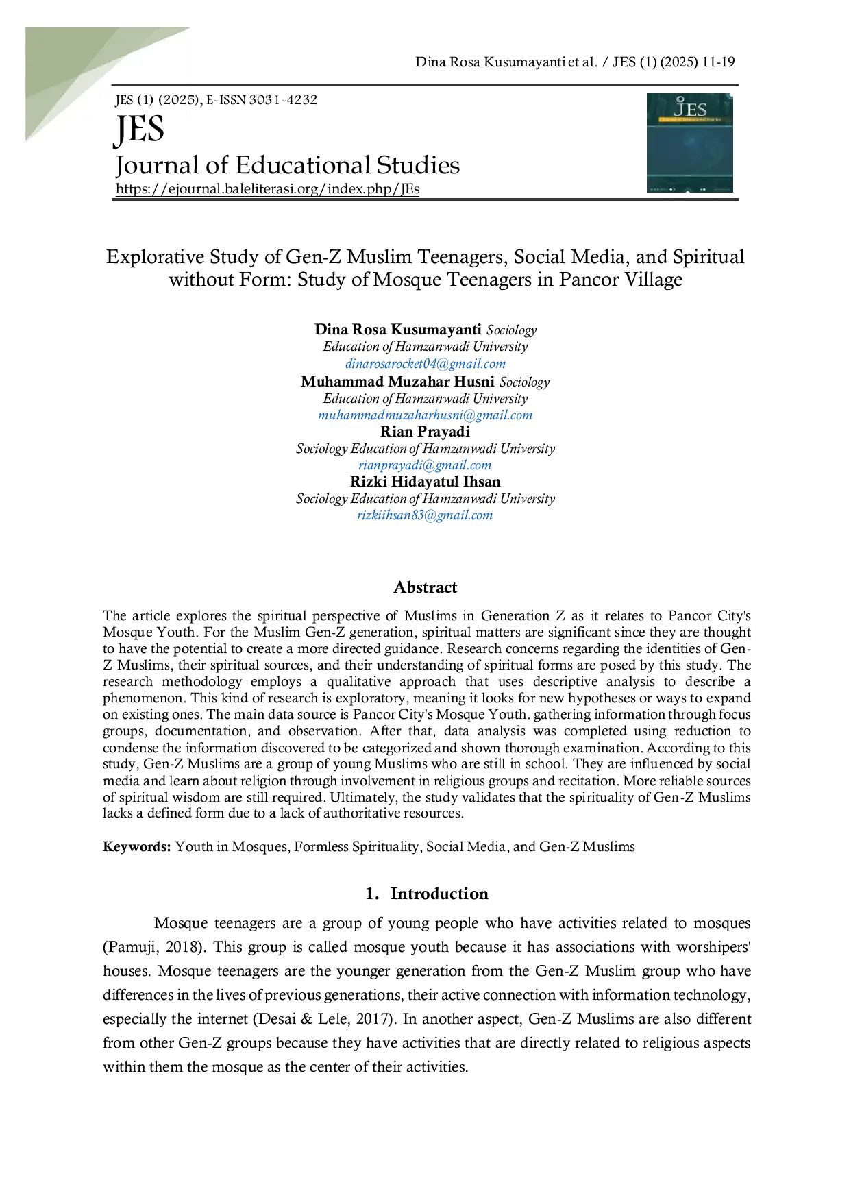 JURIS Explorative Study of Gen Z Muslim Teenagers Social Media and Spiritual without Form Study of Mosque Teenagers in Pancor Village
