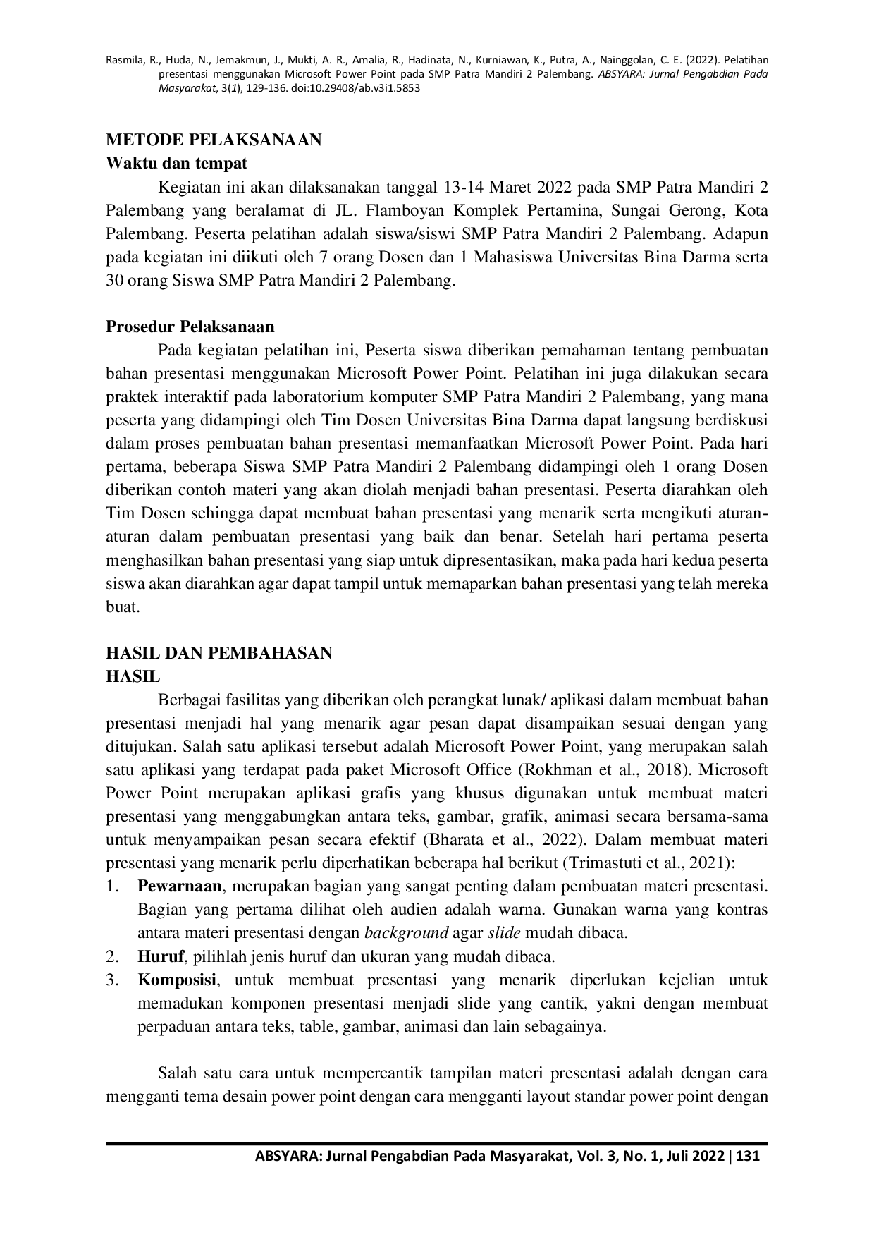 JURIS Pelatihan Presentasi Menggunakan Microsoft Power Point pada SMP Patra Mandiri 2 Palembang