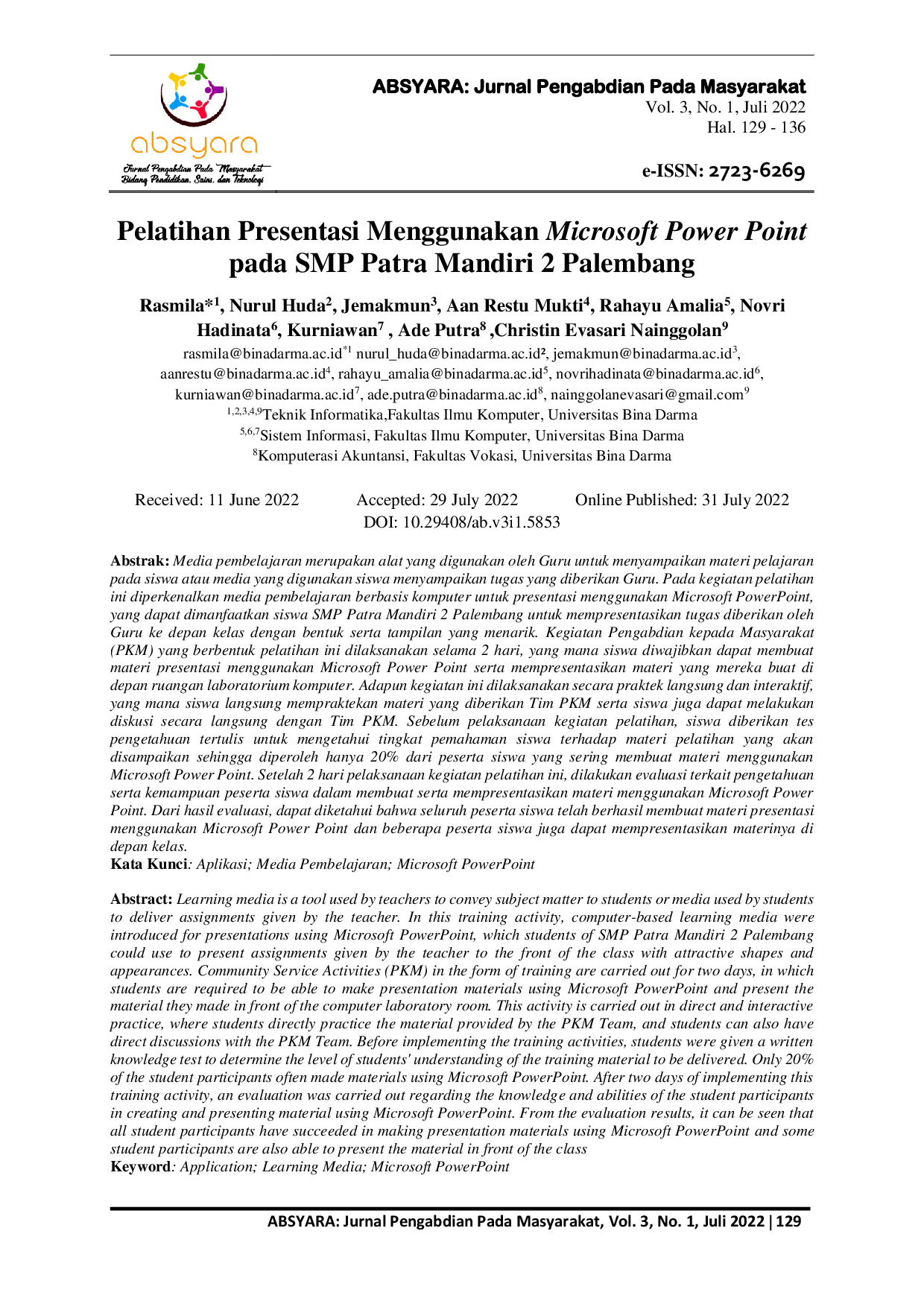 JURIS Pelatihan Presentasi Menggunakan Microsoft Power Point pada SMP Patra Mandiri 2 Palembang