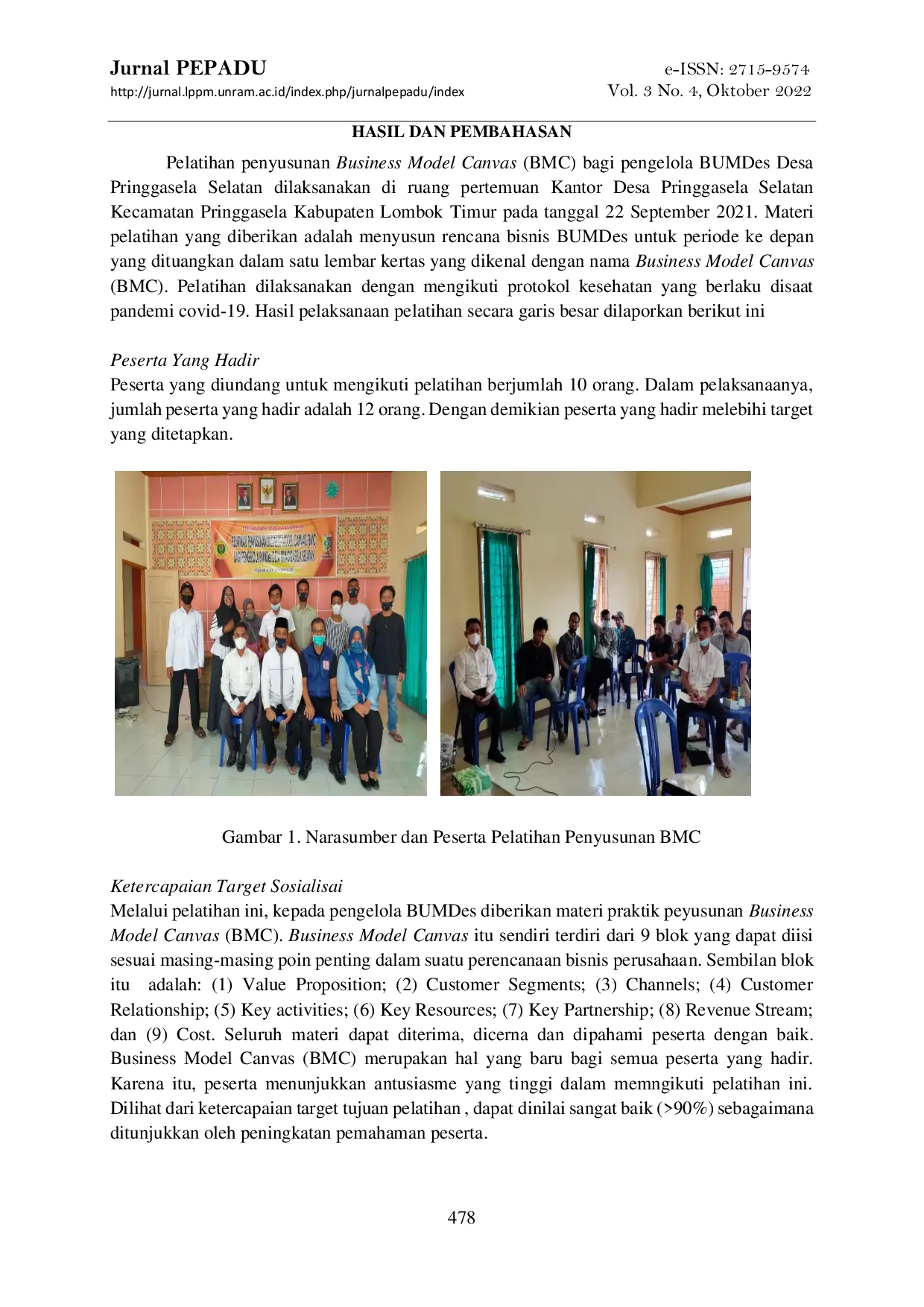 JURIS Pelatihan Penyusunan Business Model Canvas BMC Bagi Pengelola BUMDes Desa Pringgasela Selatan