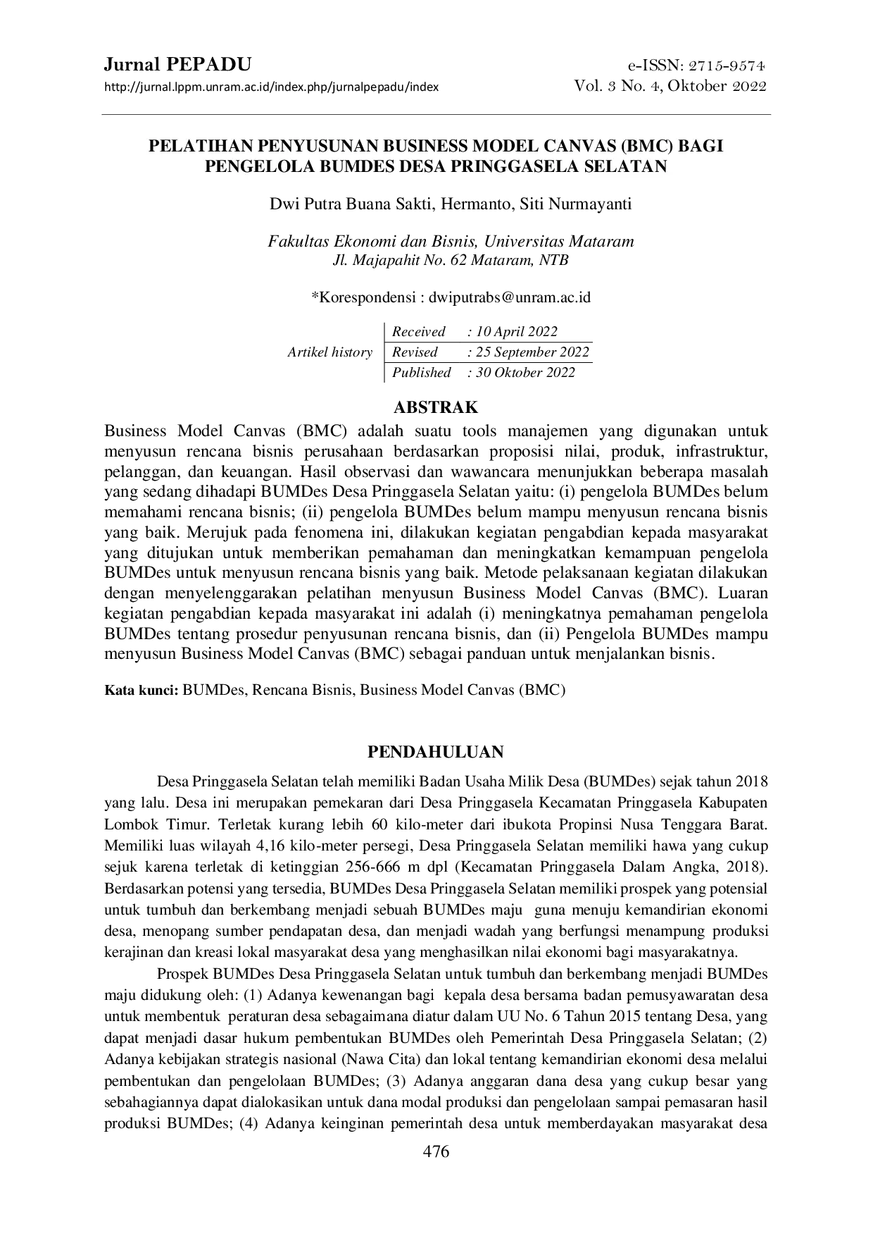 JURIS Pelatihan Penyusunan Business Model Canvas BMC Bagi Pengelola BUMDes Desa Pringgasela Selatan