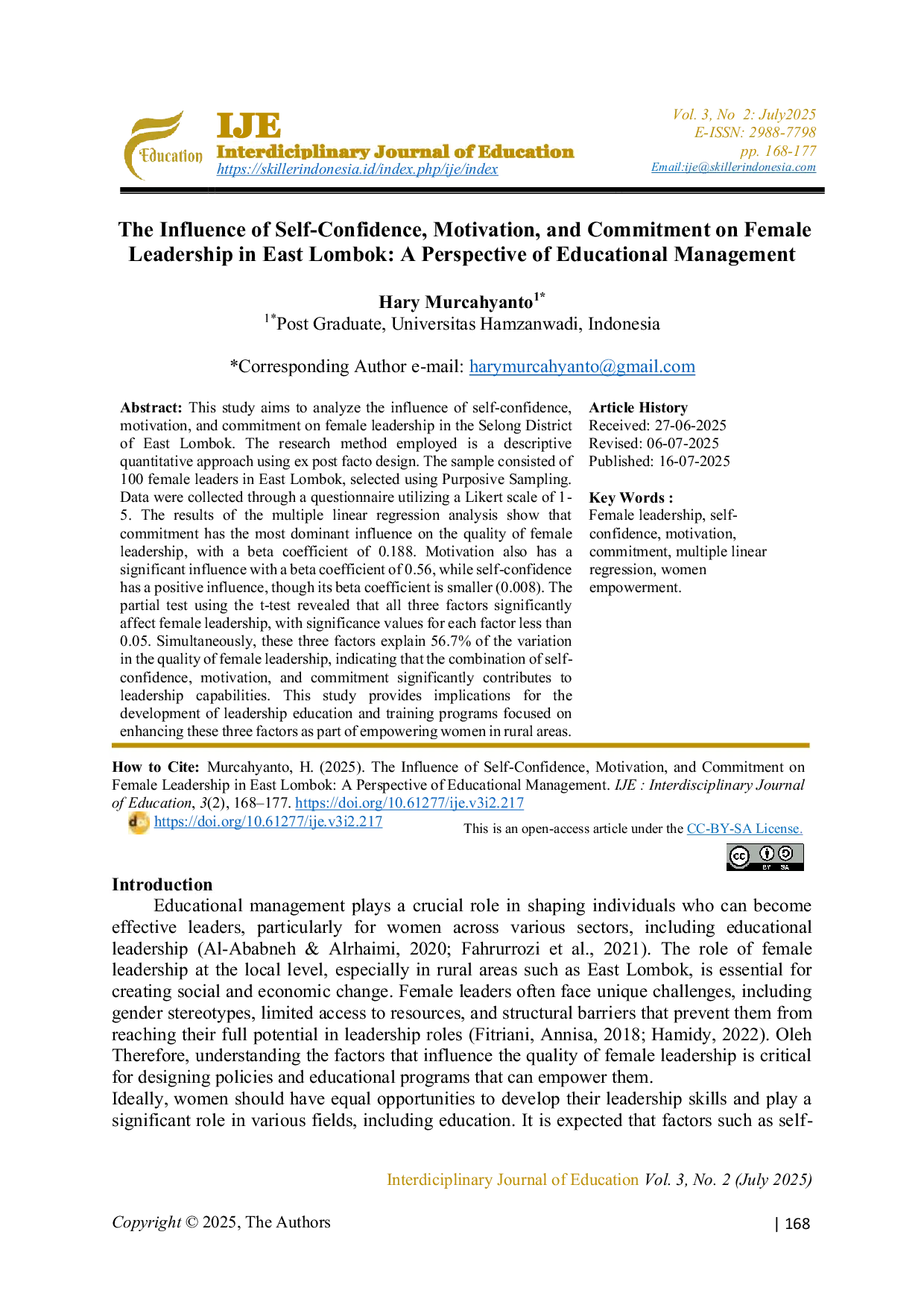 JURIS The Influence of Self Confidence Motivation and Commitment on Female Leadership in East Lombok A Perspective of Educational Management