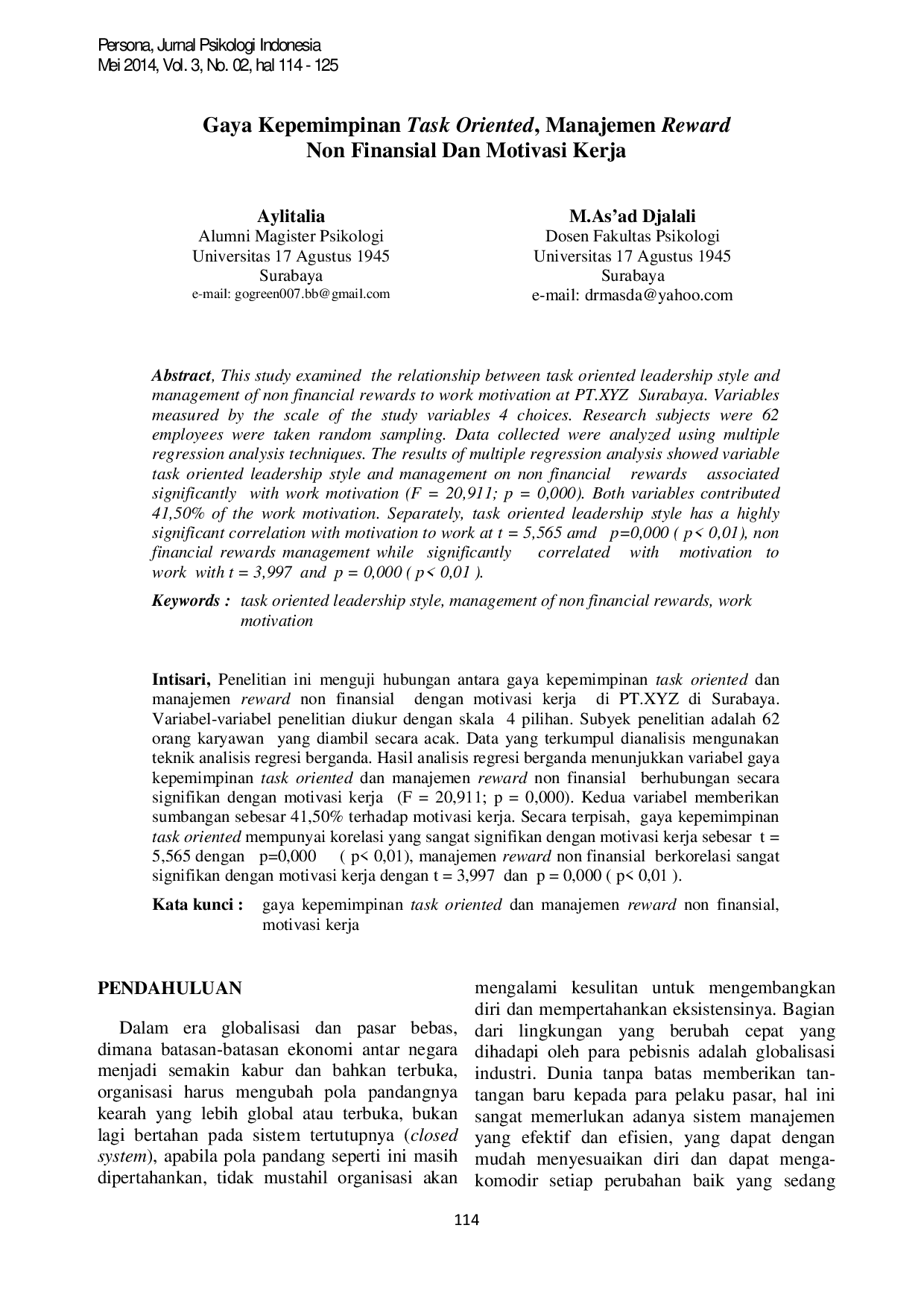 JURIS Gaya Kepemimpinan Task Oriented Manajemen Reward Non Finansial dan Motivasi Kerja