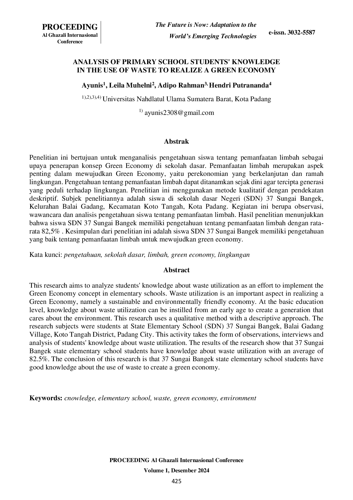 JURIS Analysis of Primary School Students Knowledge in the Use of Waste to Realize a Green Economy