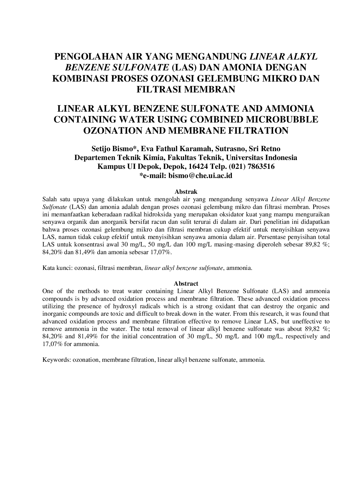 JURIS Pengolahan Air Yang Mengandung Linear Alkyl Benzene Sulfonate Las Dan Amonia Dengan Kombinasi Proses Ozonasi Gelembung Mikro Dan Filtrasi Membran