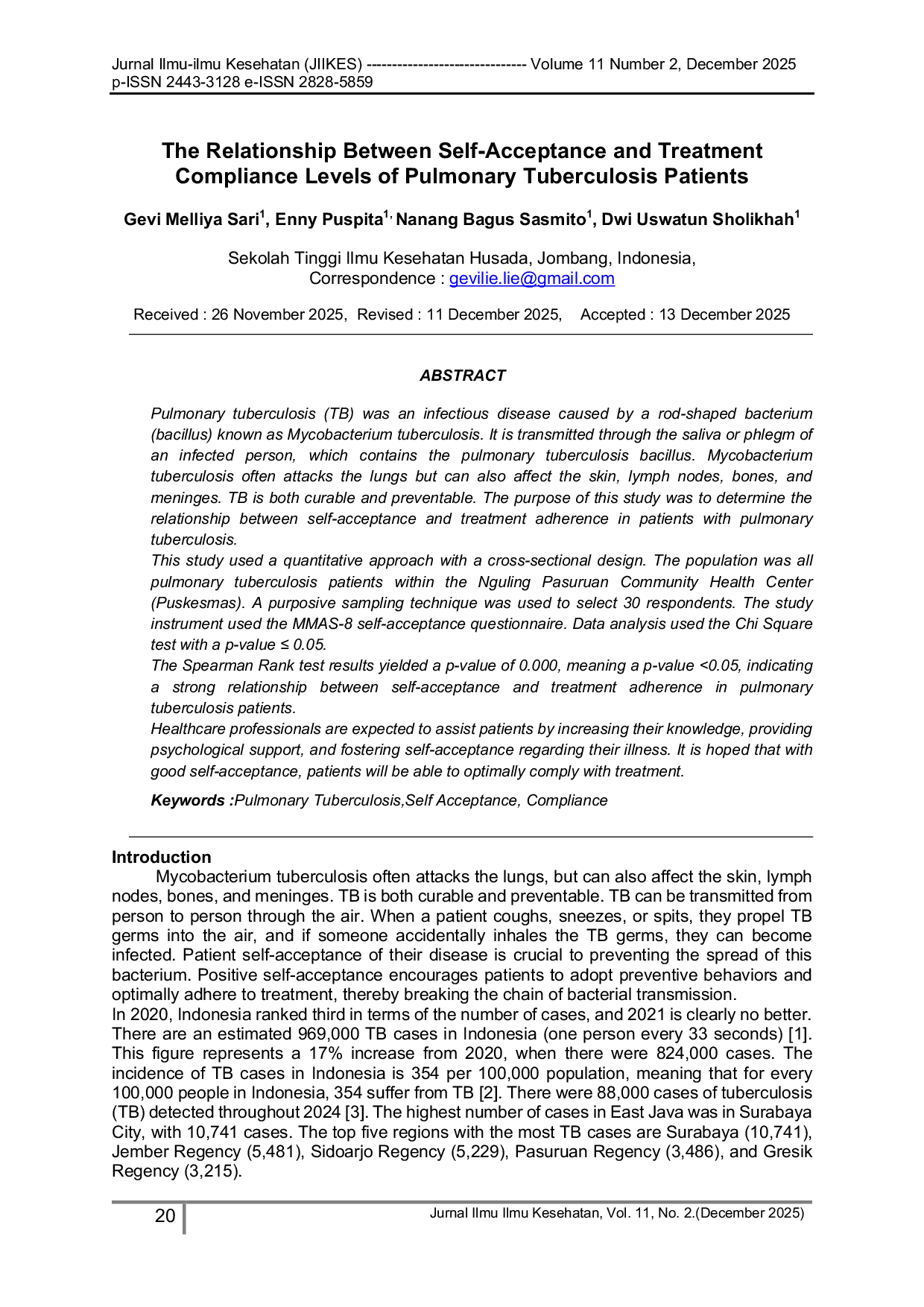 JURIS The Relationship Between Self Acceptance and Treatment Compliance Levels of Pulmonary Tuberculosis Patients
