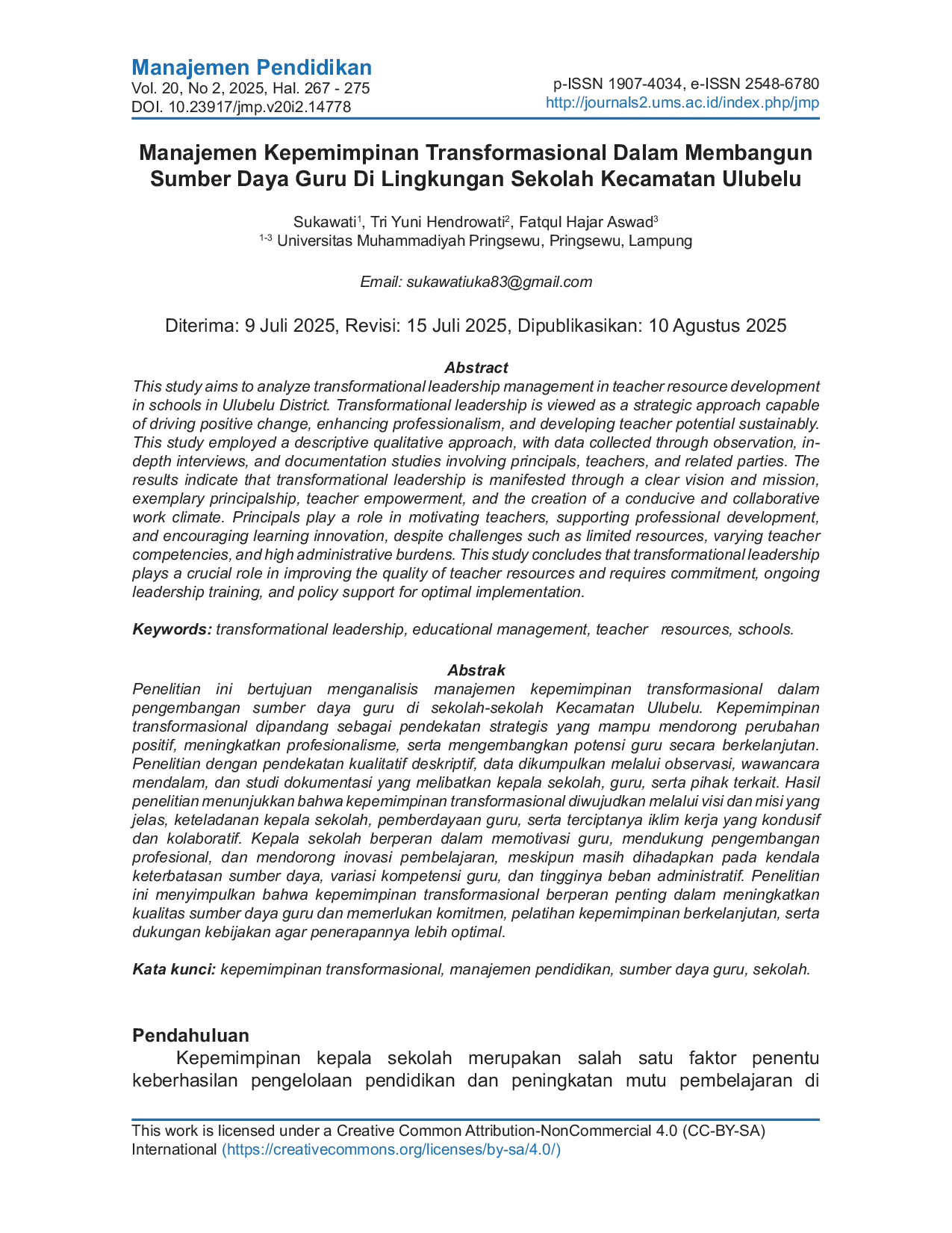 JURIS Manajemen Kepemimpinan Transformasional Dalam Membangun Sumber Daya Guru Di Lingkungan Sekolah Kecamatan Ulubelu