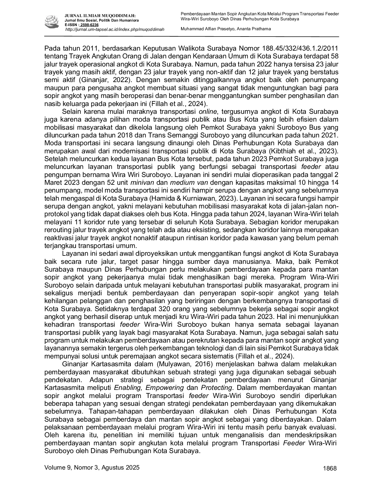 JURIS Pemberdayaan Mantan Sopir Angkutan Kota Melalui Program Transportasi Feeder Wira Wiri Suroboyo Oleh Dinas Perhubungan Kota Surabaya