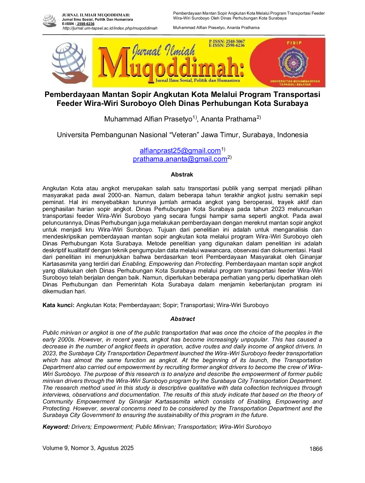 JURIS Pemberdayaan Mantan Sopir Angkutan Kota Melalui Program Transportasi Feeder Wira Wiri Suroboyo Oleh Dinas Perhubungan Kota Surabaya