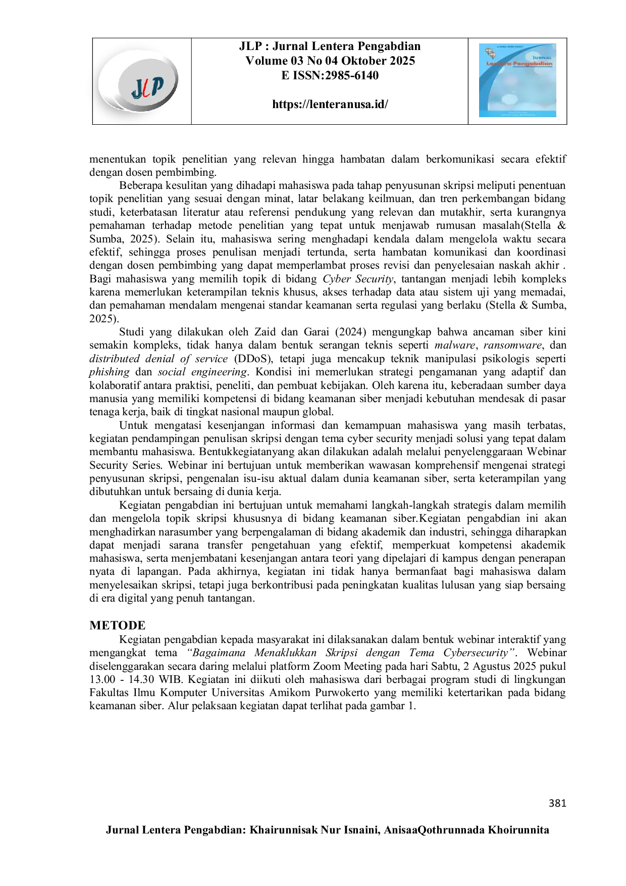 JURIS Peningkatan Kompetensi Mahasiswa dalam Penulisan Skripsi Bertema Cyber Security melalui Webinar Interaktif dan Evaluasi Kepuasaan Peserta